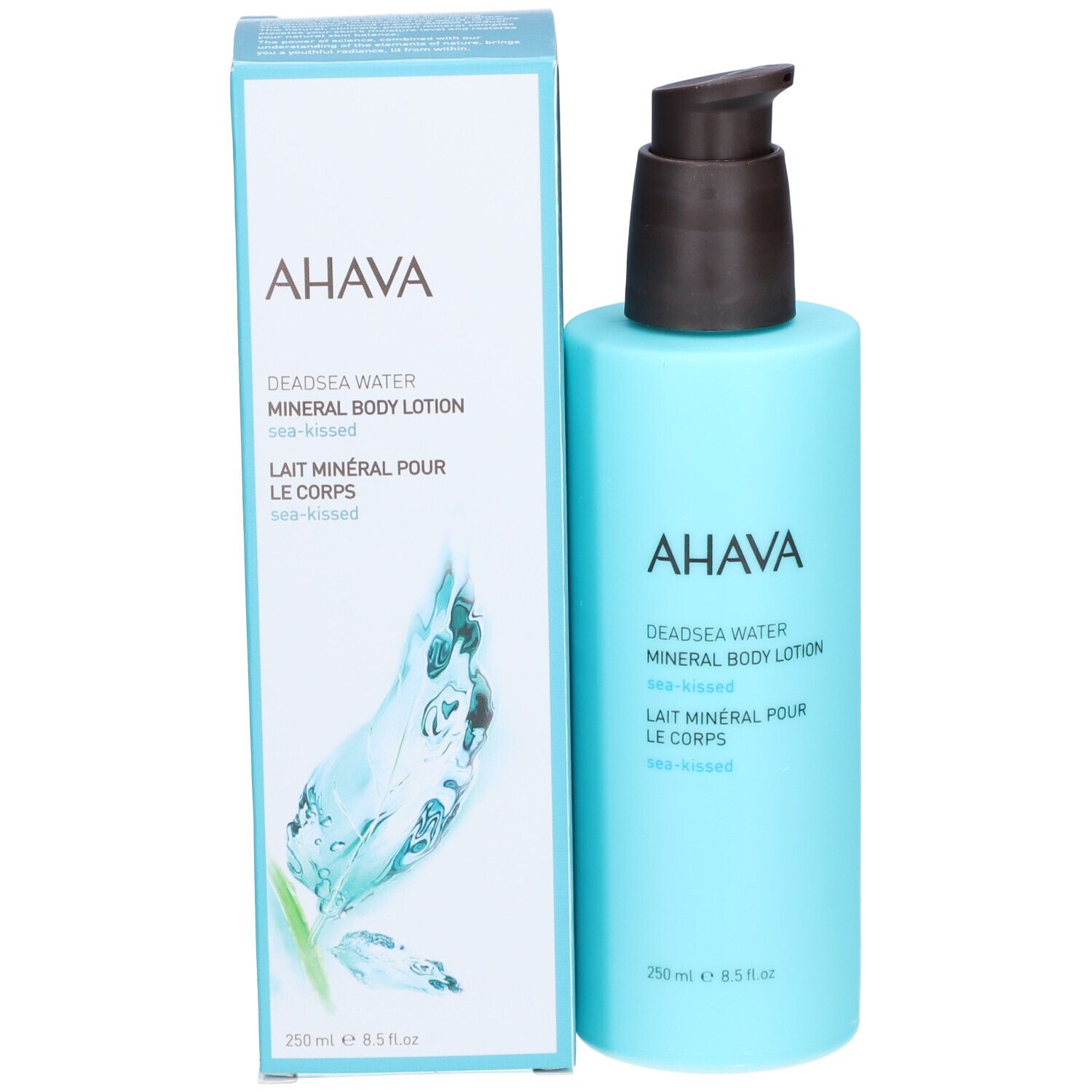 Produktflasche und Verpackung. Hellblaue Flasche mit braunem Pumpkopf und weißer Verpackung.