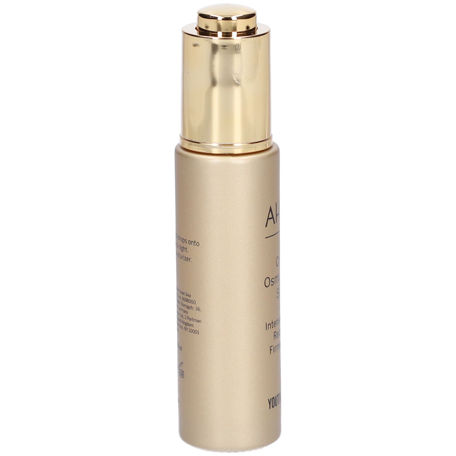 Rückansicht der goldenen Serumflasche. AHAVA-Logo und Produktbezeichnung Crystal Osmoter X6 Serum.