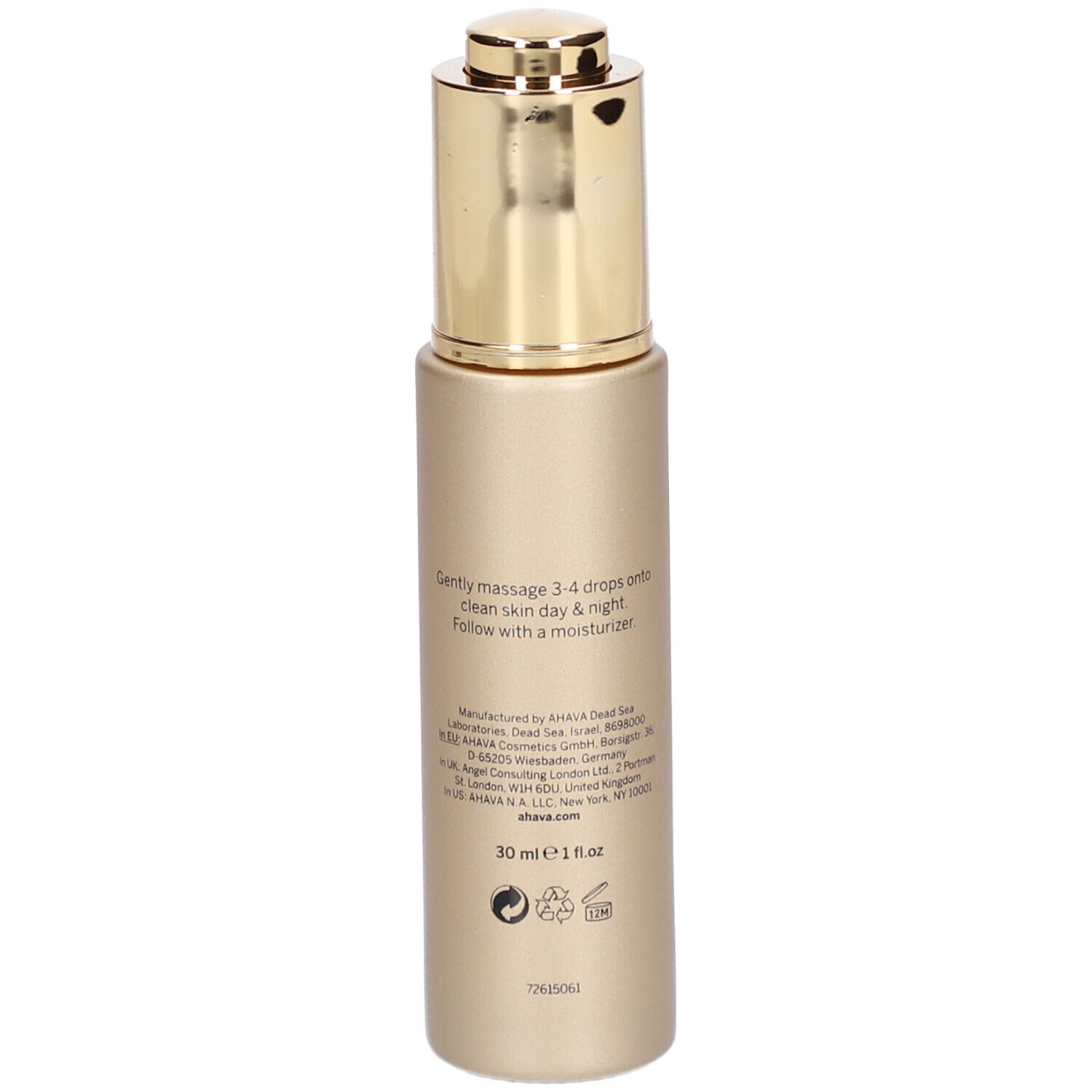 Rückansicht der goldenen Serumflasche. Text mit Anweisungen und Herstellerinformationen. 30 ml.