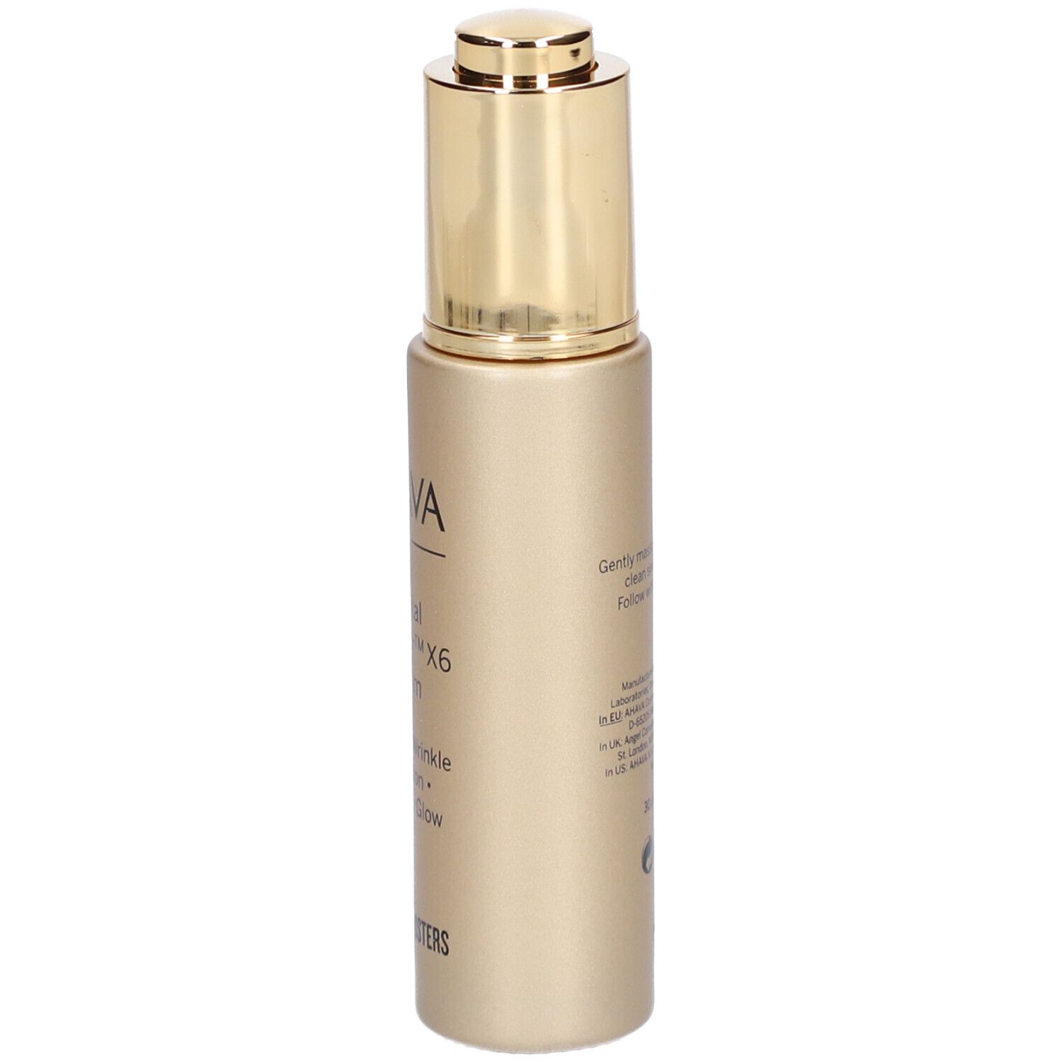 Seitenansicht der goldenen Serumflasche. AHAVA-Logo und Produktbezeichnung Crystal Osmoter X6 Serum.
