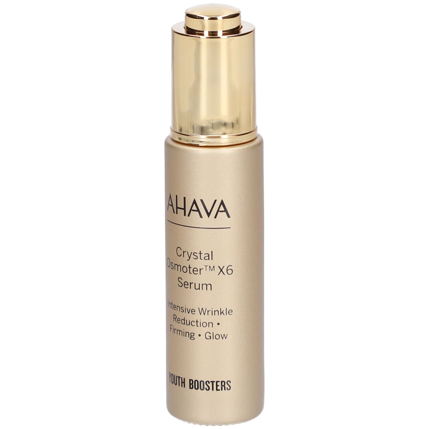 Goldfarbene Serumflasche mit goldenem Deckel. AHAVA-Logo und Produktbezeichnung Crystal Osmoter X6 Serum.
