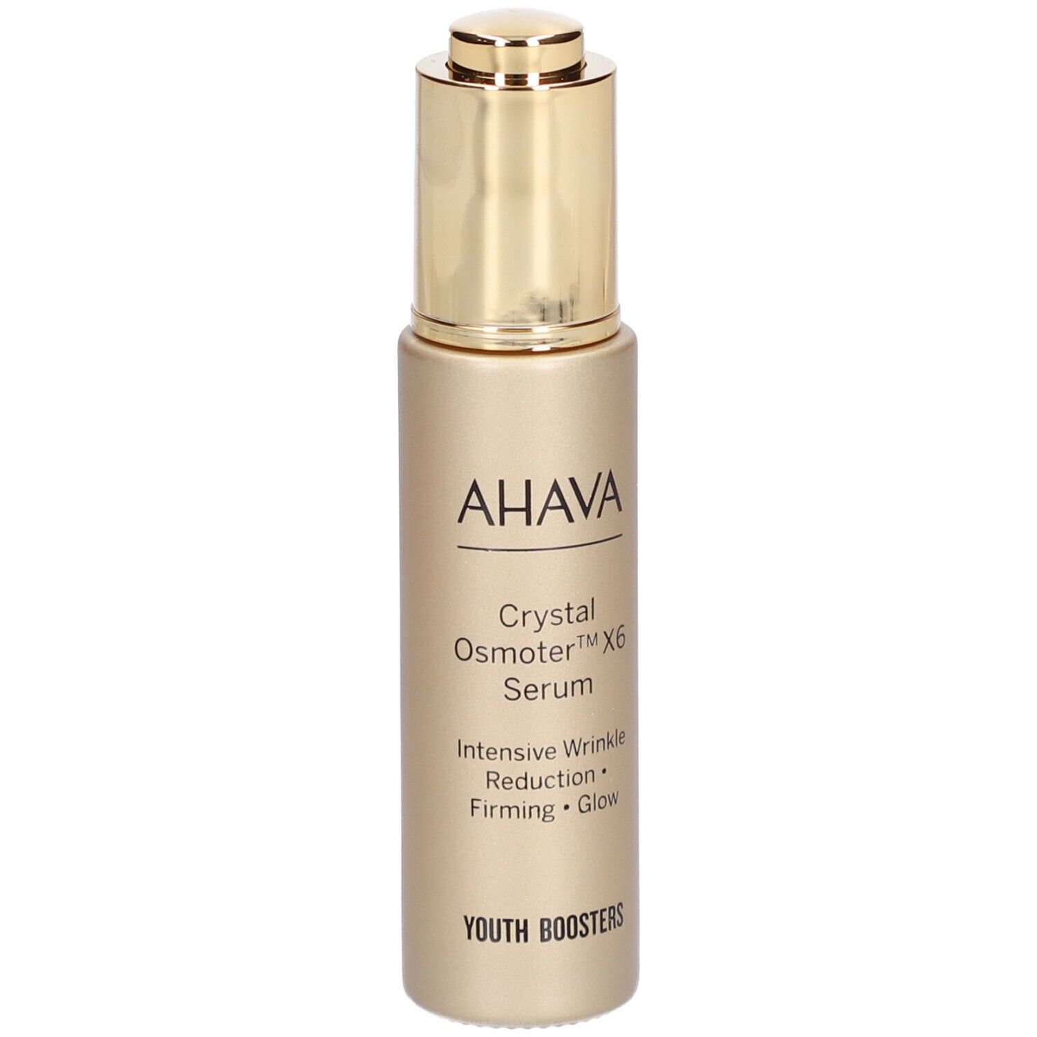 Goldfarbene Serumflasche mit goldenem Deckel. AHAVA-Logo und Produktbezeichnung Crystal Osmoter X6 Serum.