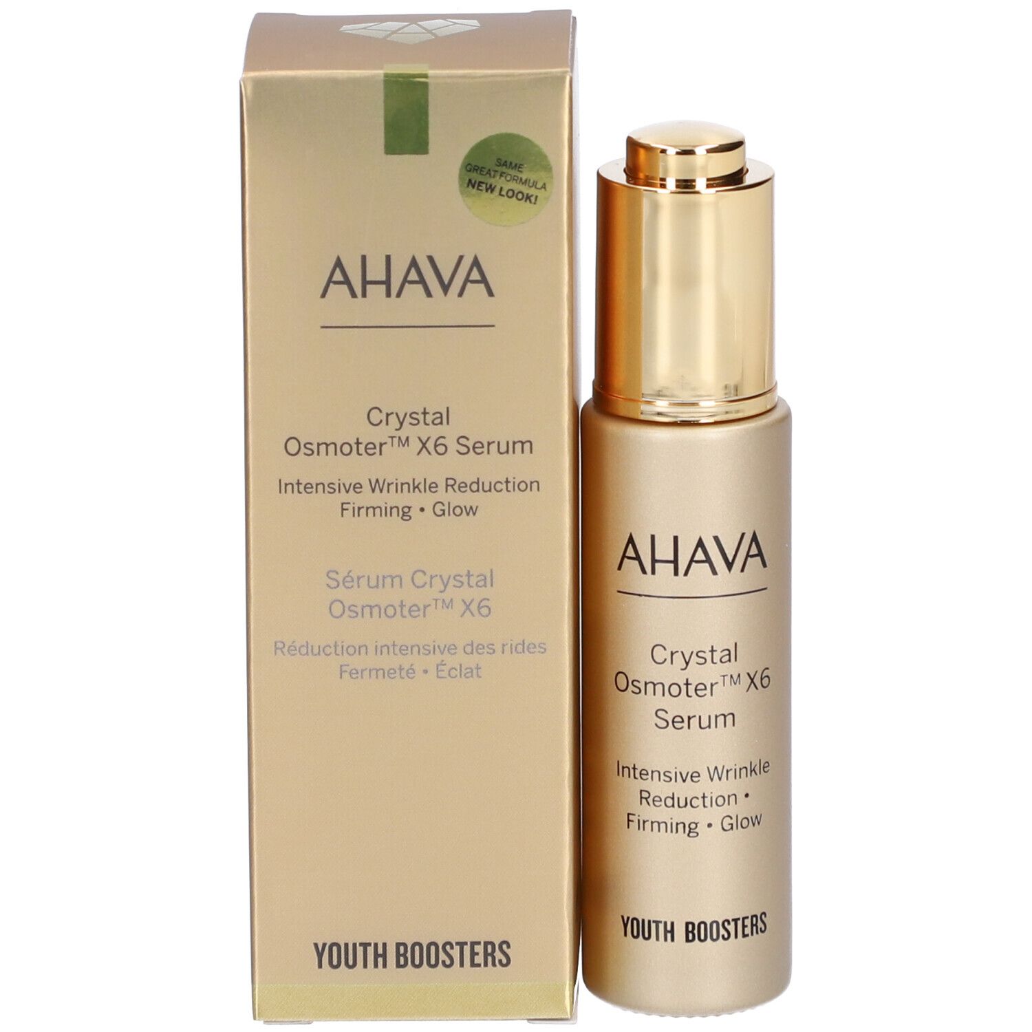 Goldfarbene Serumflasche und Verpackung. AHAVA-Logo und Produktbezeichnung Crystal Osmoter X6 Serum.