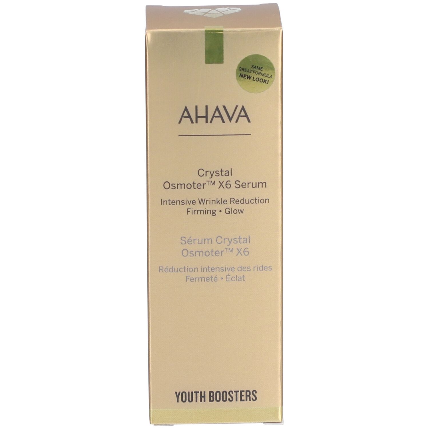 Verpackung des Serums. AHAVA-Logo und Produktbezeichnung Crystal Osmoter X6 Serum. Grün markiert.