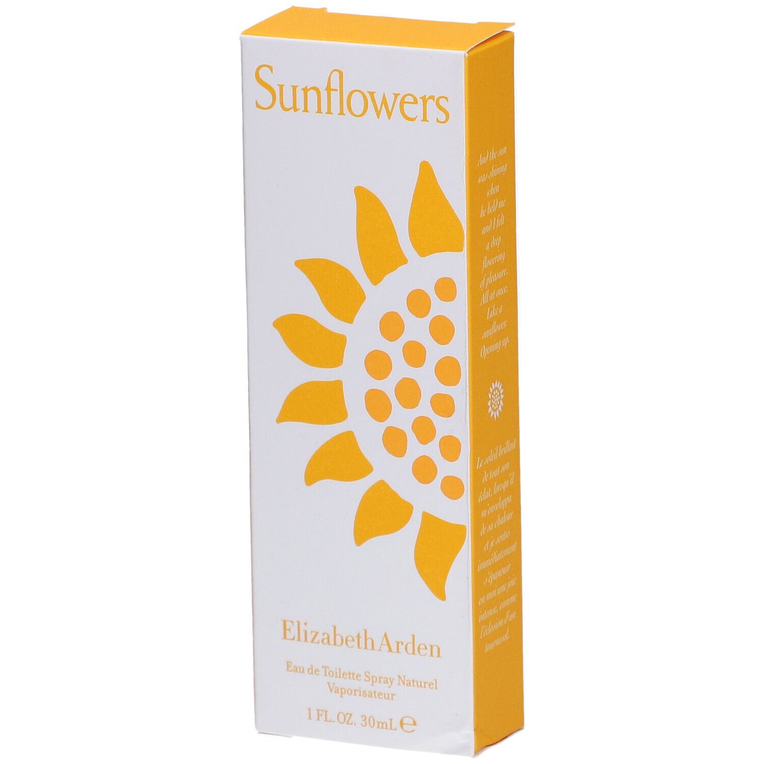 Weiße und gelbe Schachtel mit Sonnenblumen-Design. Aufschrift "Sunflowers" und "Elizabeth Arden".