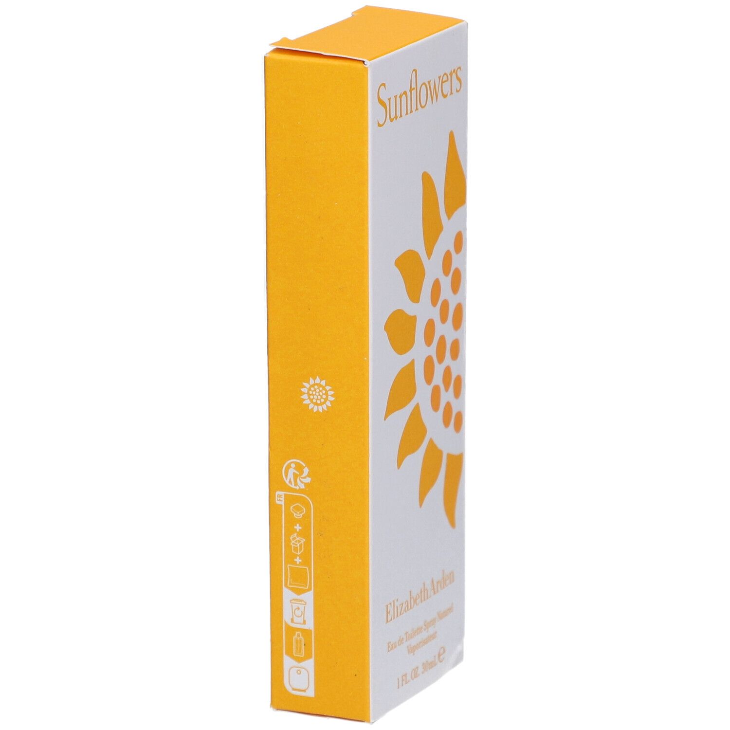 Gelbe Schachtel, Seitenansicht. Sonnenblumen-Design und Produktinformationen. Symbole und Text.