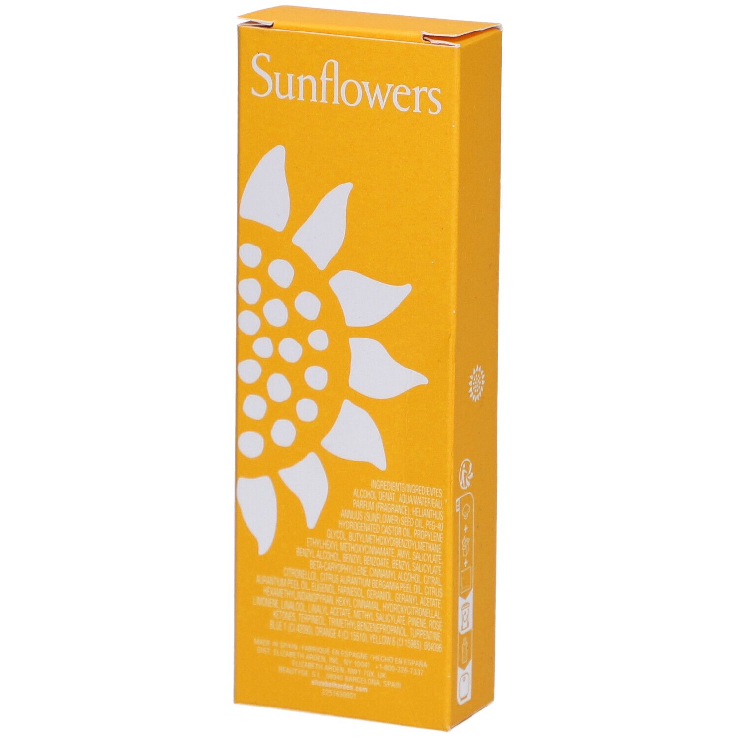 Gelbe Schachtel mit Sonnenblumen-Design. Rückseite mit Inhaltsstoffen und Produktinformationen.