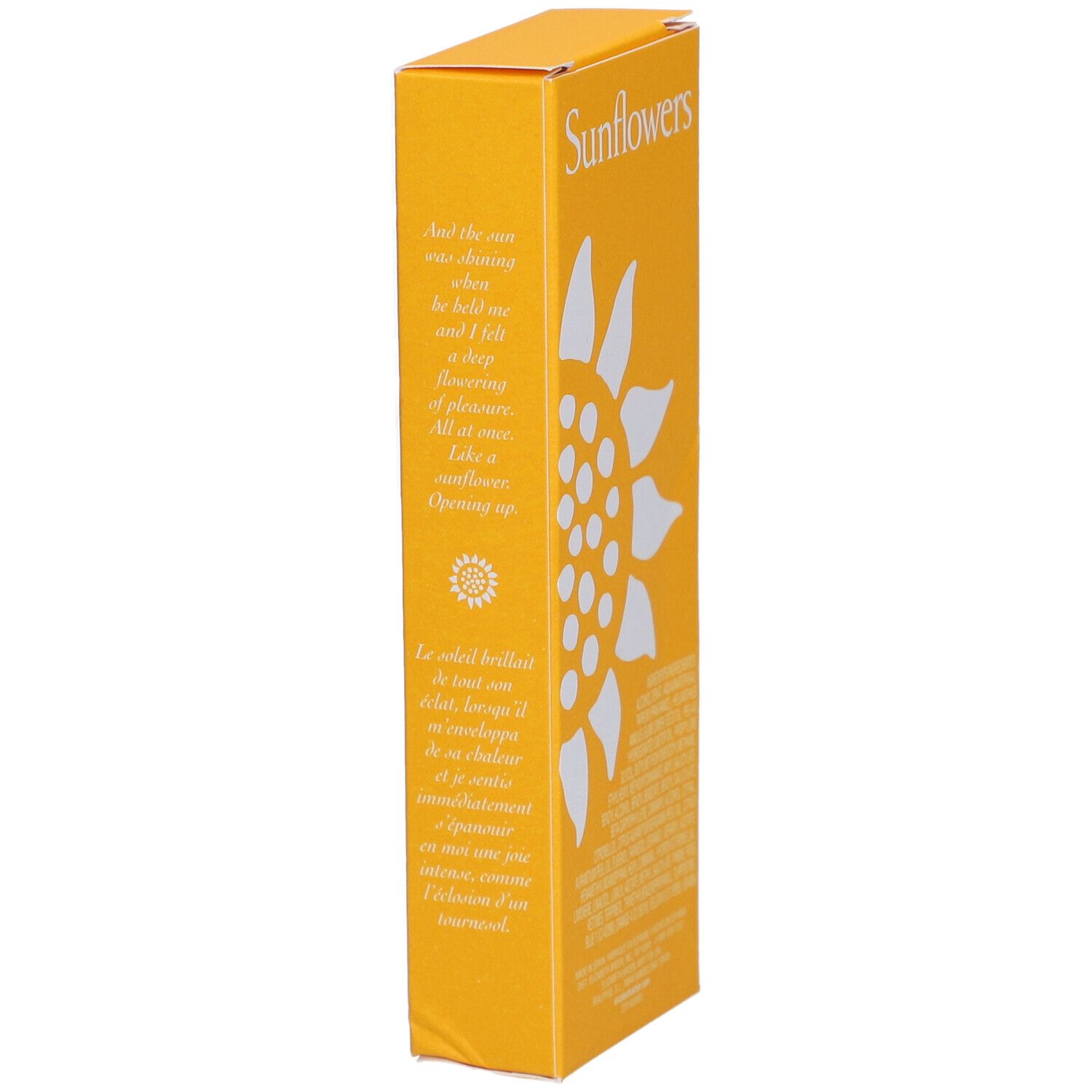 Gelbe Schachtel, Seitenansicht mit Text und Sonnenblumen-Design. Gedruckter Text.
