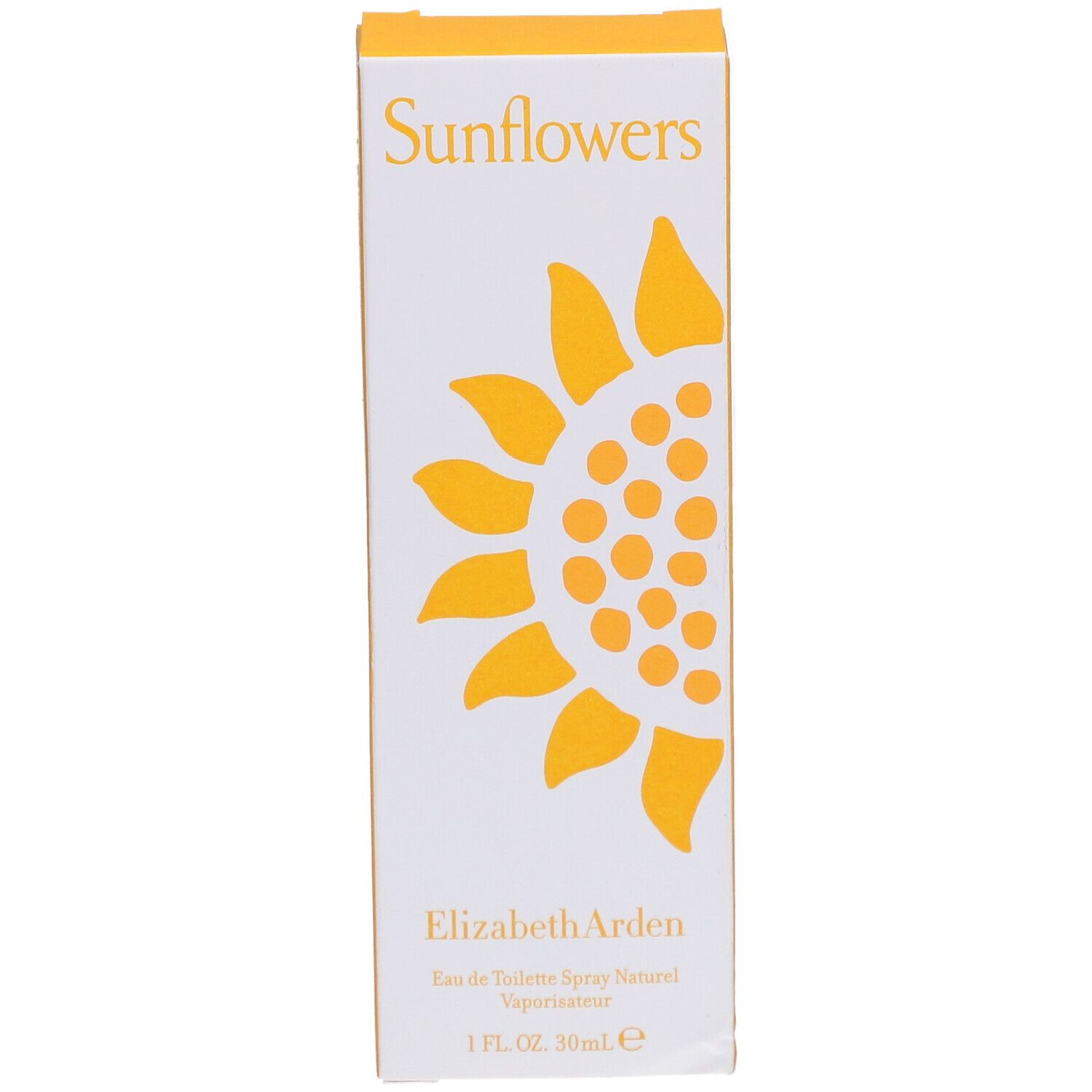 Weiße und gelbe Schachtel mit Sonnenblumen-Design. Aufschrift "Sunflowers" und "Elizabeth Arden".