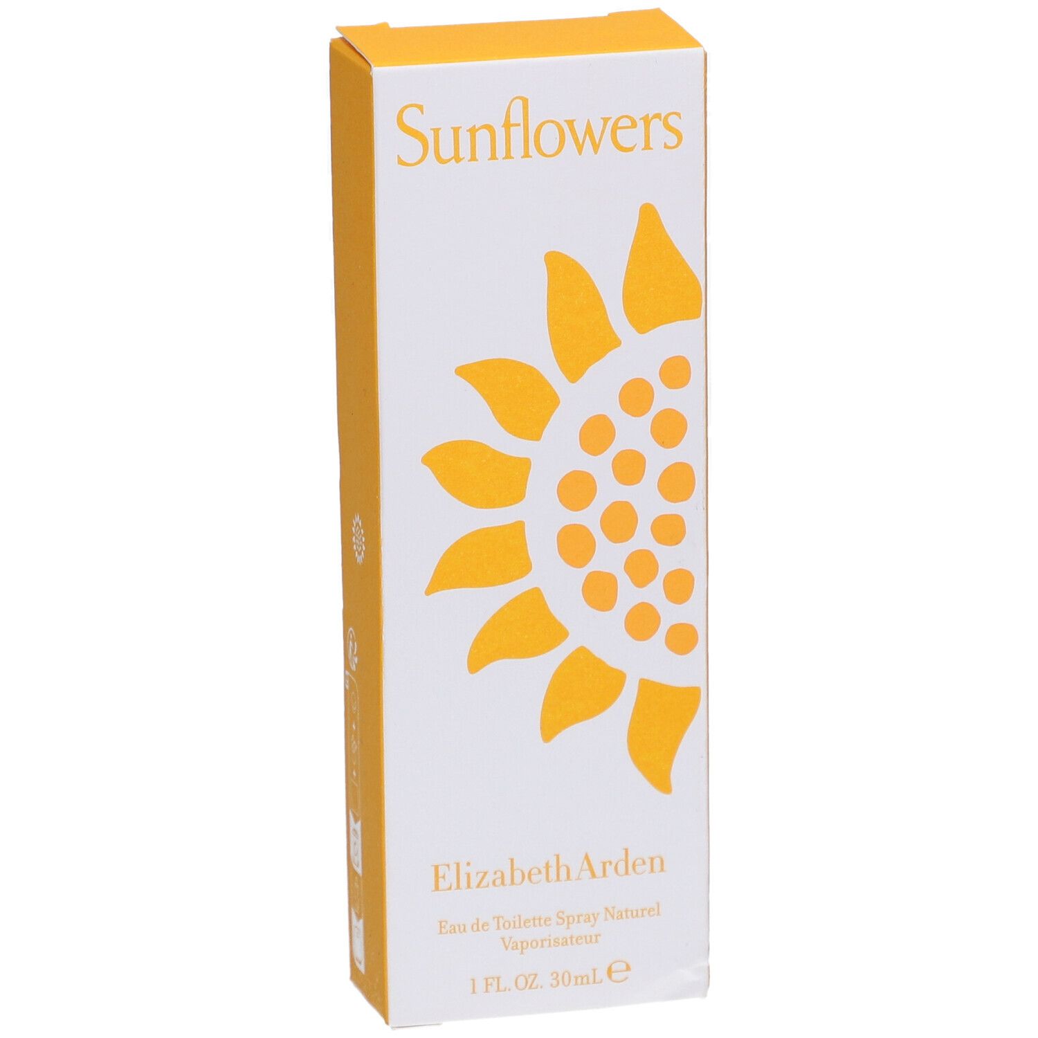 Weiße und gelbe Schachtel mit Sonnenblumen-Design. Aufschrift "Sunflowers" und "Elizabeth Arden".