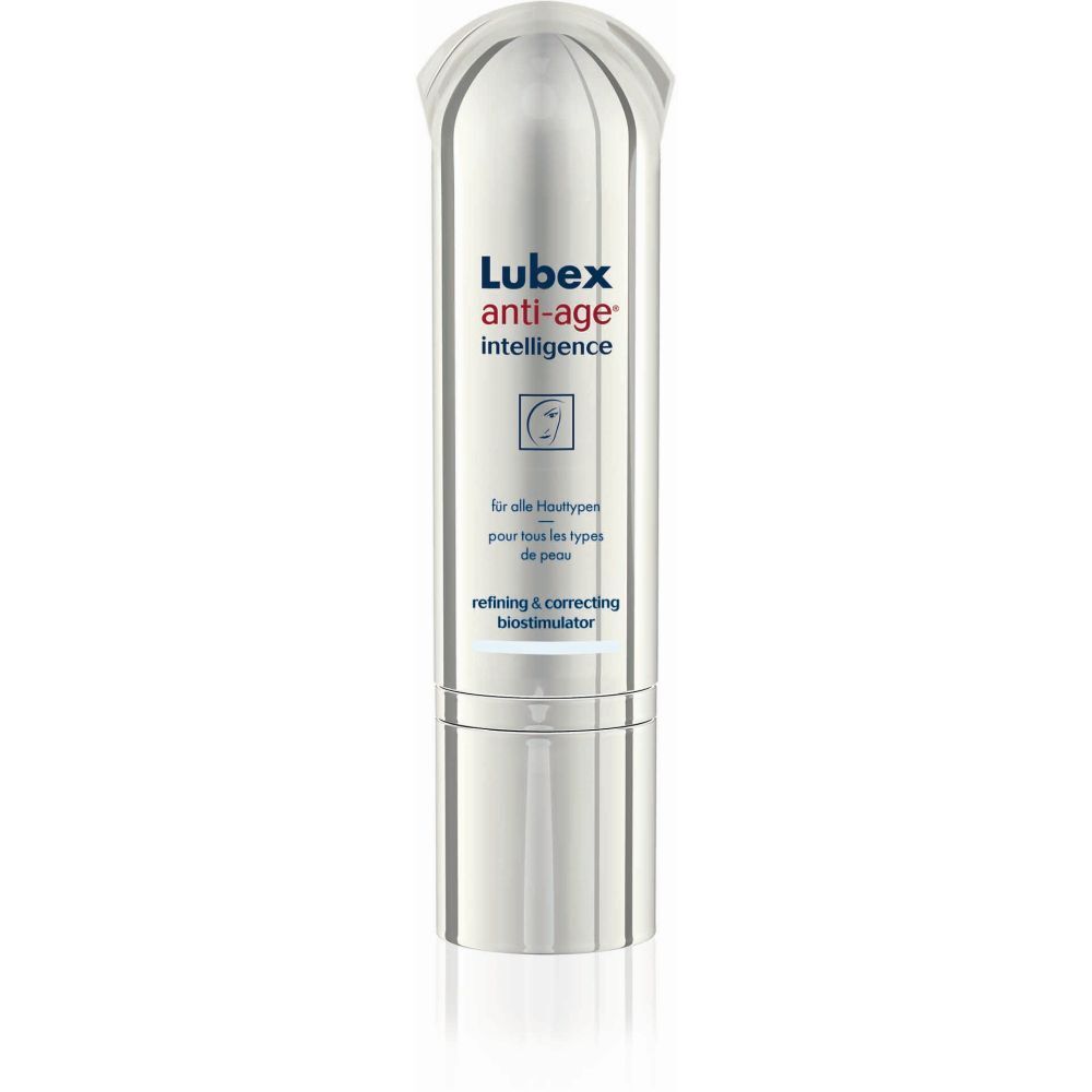 Tube argentée avec inscription "Lubex anti-age intelligence". Texte : "pour tous les types de peau", "refining & correcting biostimulator".