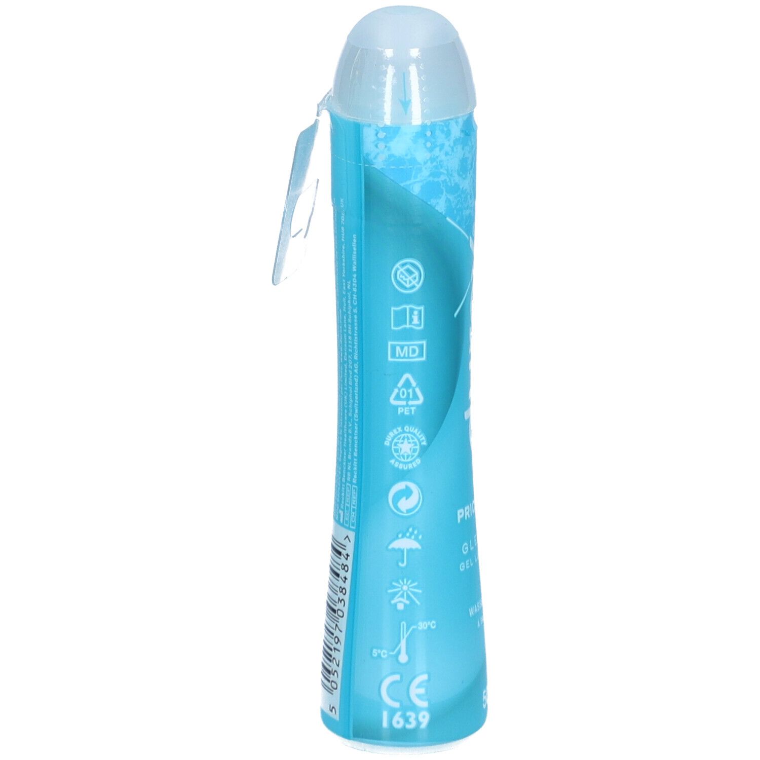 Flacon turquoise avec bouchon blanc. Dos avec pictogrammes et texte. Marquage CE.