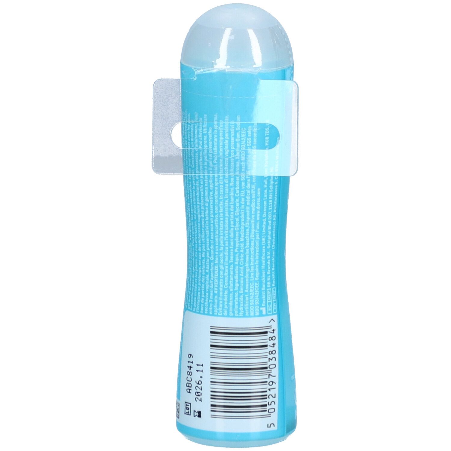 Flacon turquoise avec bouchon blanc. Dos avec texte et code-barres. Étiquette avec texte.