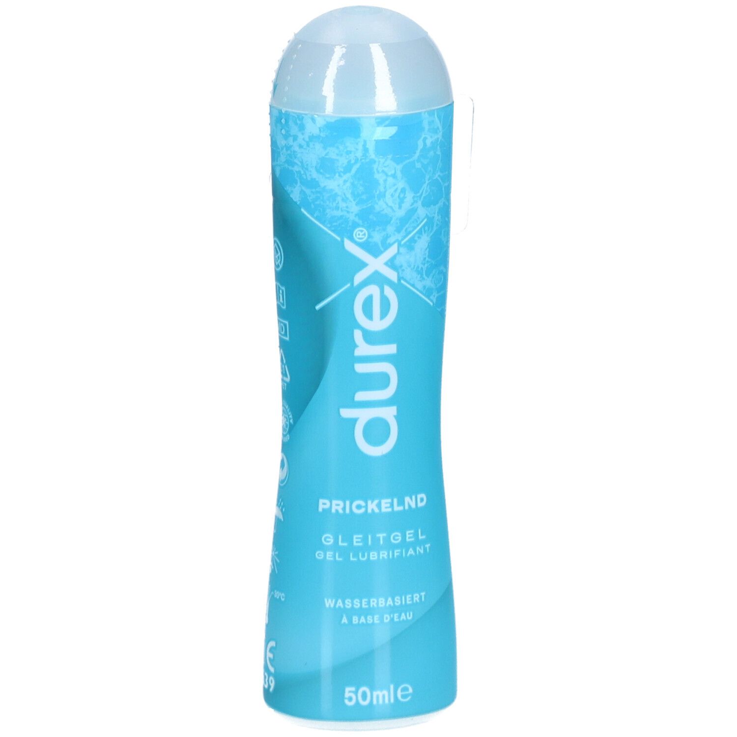Flacon turquoise avec bouchon blanc. Inscriptions: durex, Prickelnd, Gleitgel, à base d'eau. 50ml.