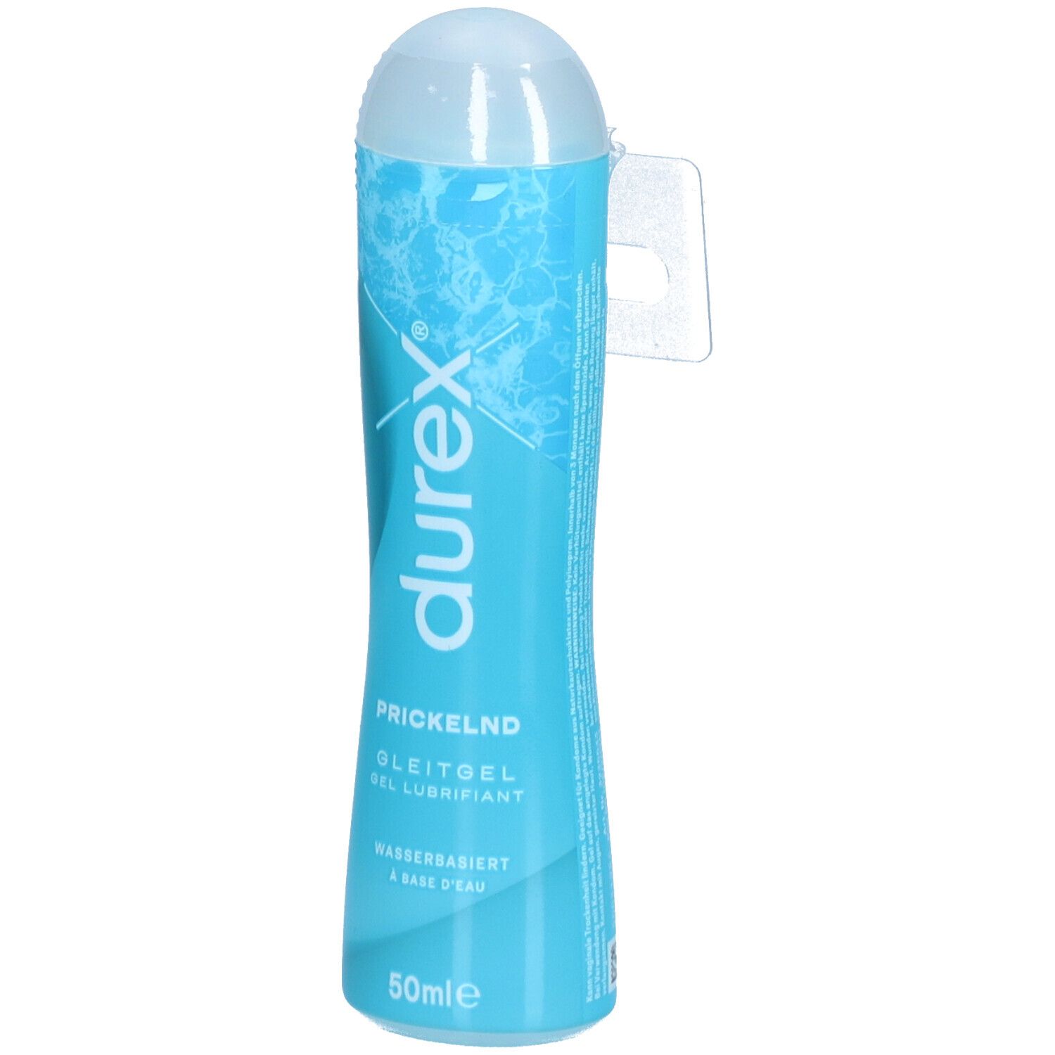 Flacon turquoise avec bouchon blanc. Inscriptions: durex, Prickelnd, Gleitgel, à base d'eau. Étiquette.