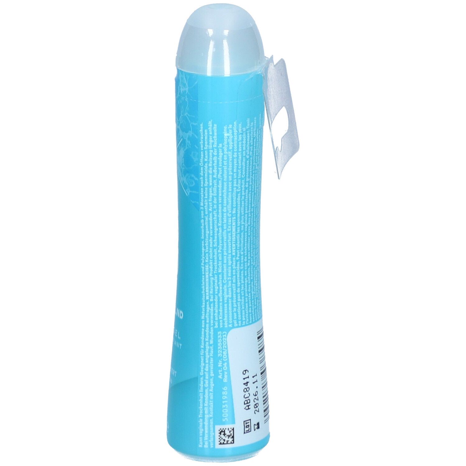Flacon turquoise avec bouchon blanc. Dos avec texte et code-barres. Étiquette avec texte.