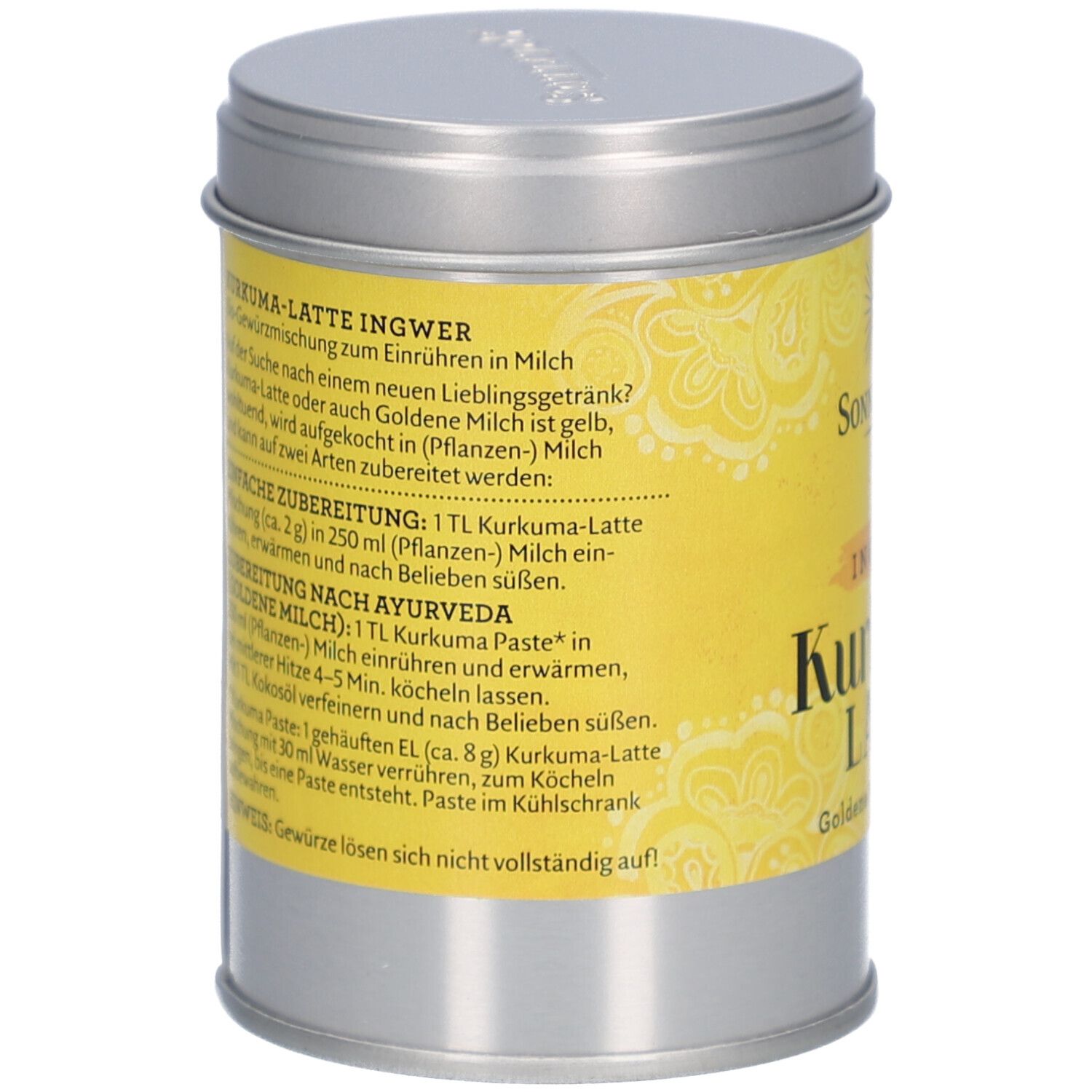 Zylindrische Dose mit gelbem Etikett. Text: Kurkuma-Latte Ingwer, Zubereitung, Zutaten. Dose silbern, Deckel silbern.