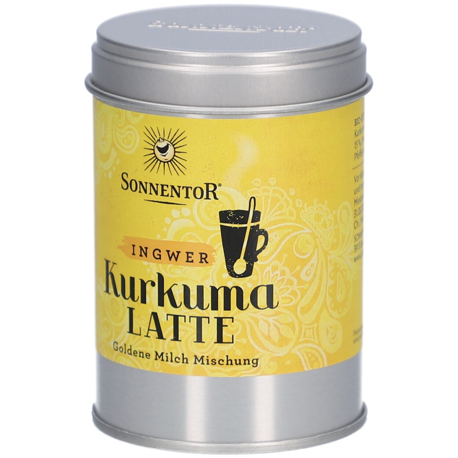 Zylindrische Dose mit gelbem Etikett. Aufschrift: Sonnentor, Ingwer, Kurkuma Latte. Goldene Milch Mischung. Deckel und Dose silbern.