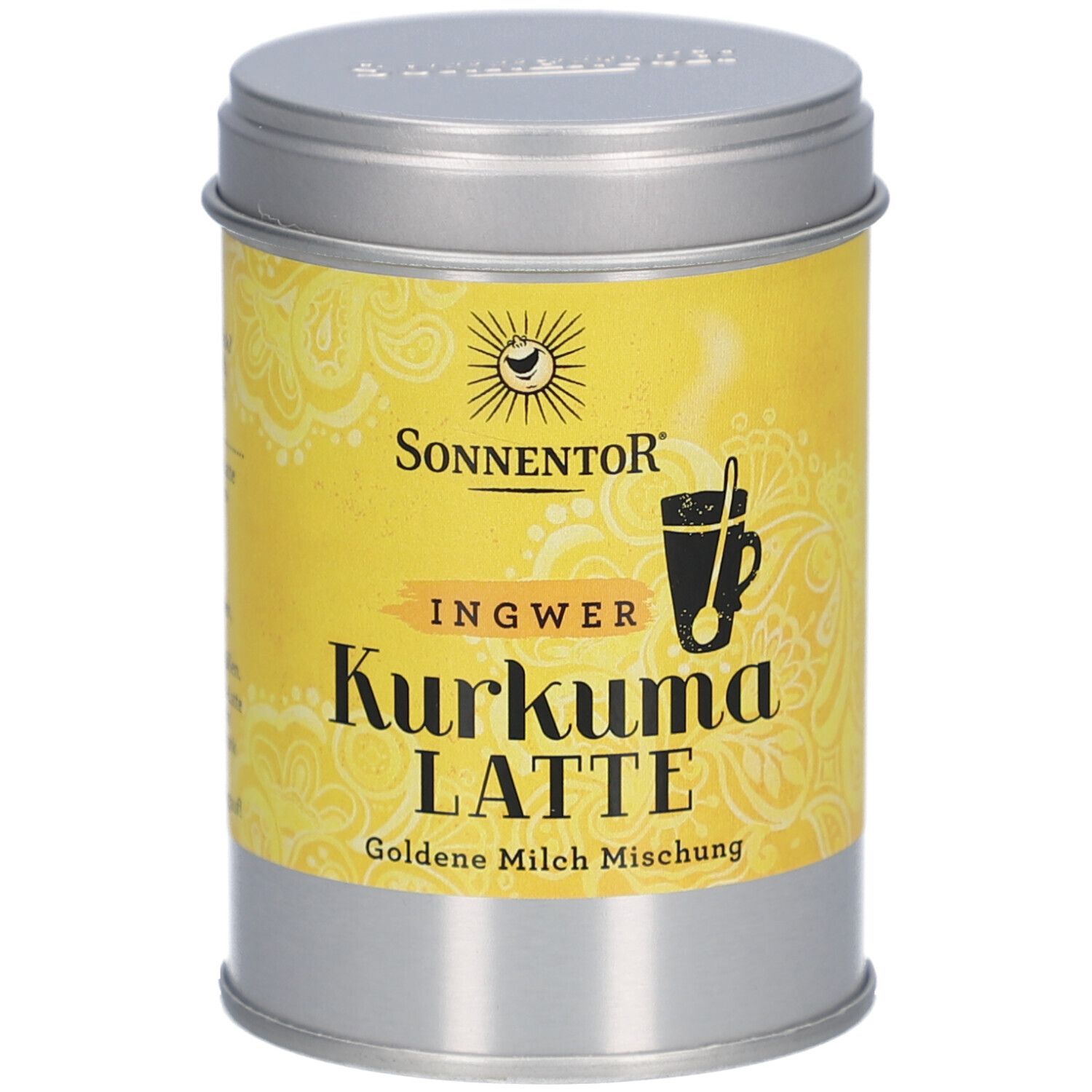 Zylindrische Dose mit gelbem Etikett. Aufschrift: Sonnentor, Ingwer, Kurkuma Latte. Goldene Milch Mischung. Deckel und Dose silbern.