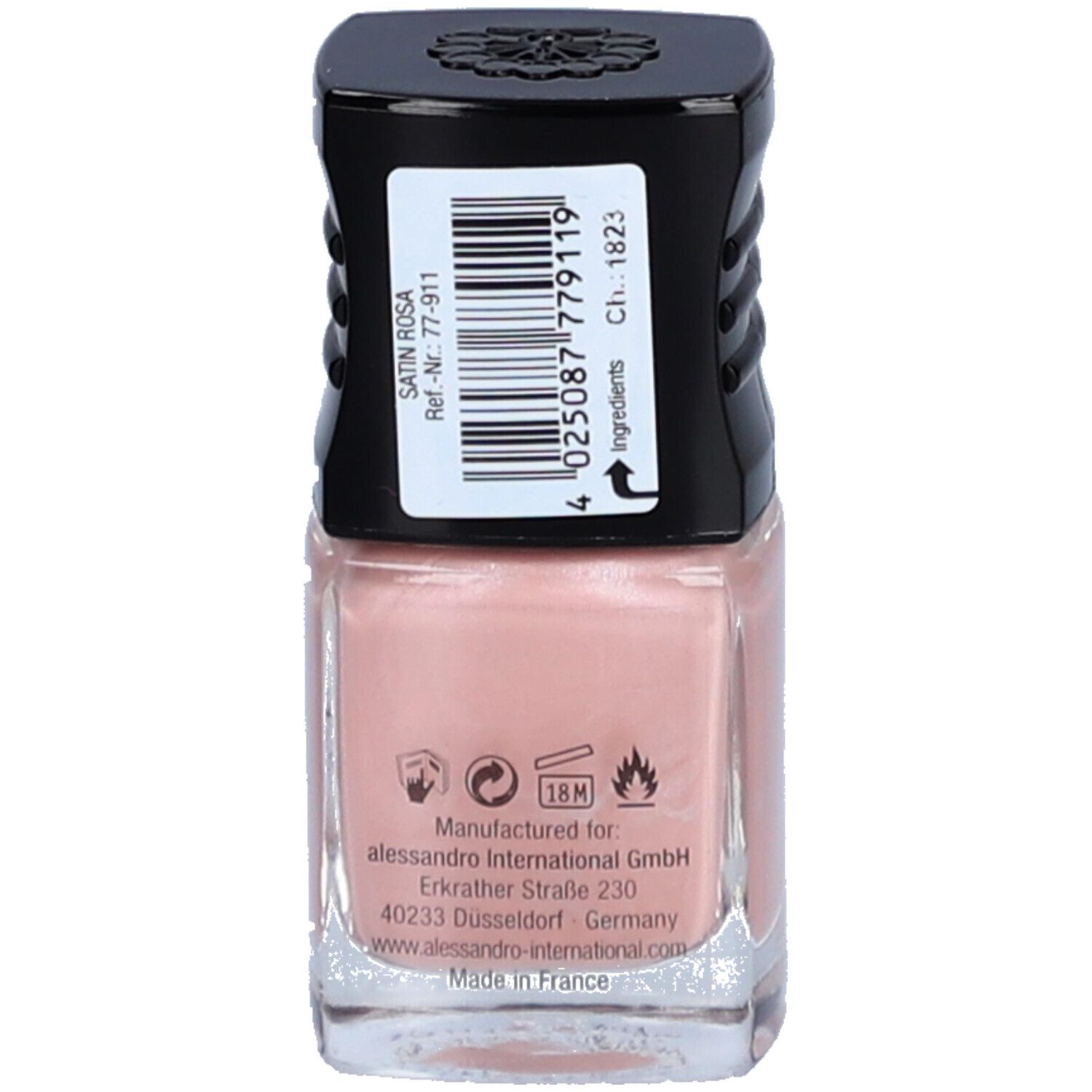 Dos du flacon de vernis à ongles. Bouchon noir avec code-barres. Inscription : Satin Rosa, Ref-Nr. 77-911. Informations fabricant.