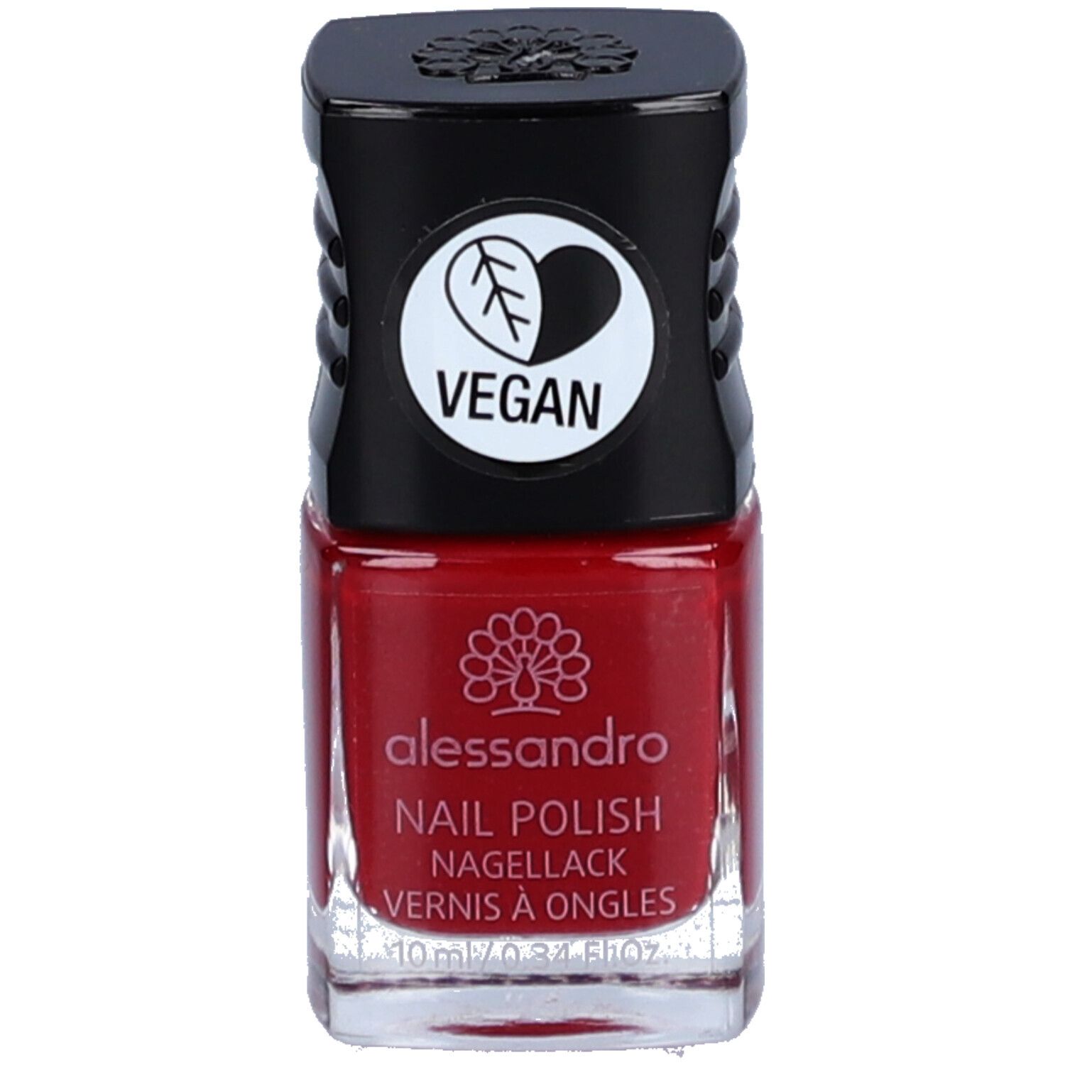 Roter Nagellackflakon mit schwarzem Deckel. Vegan-Logo. Aufschrift: alessandro, Nail Polish, Nagellack, Vernis à Ongles.