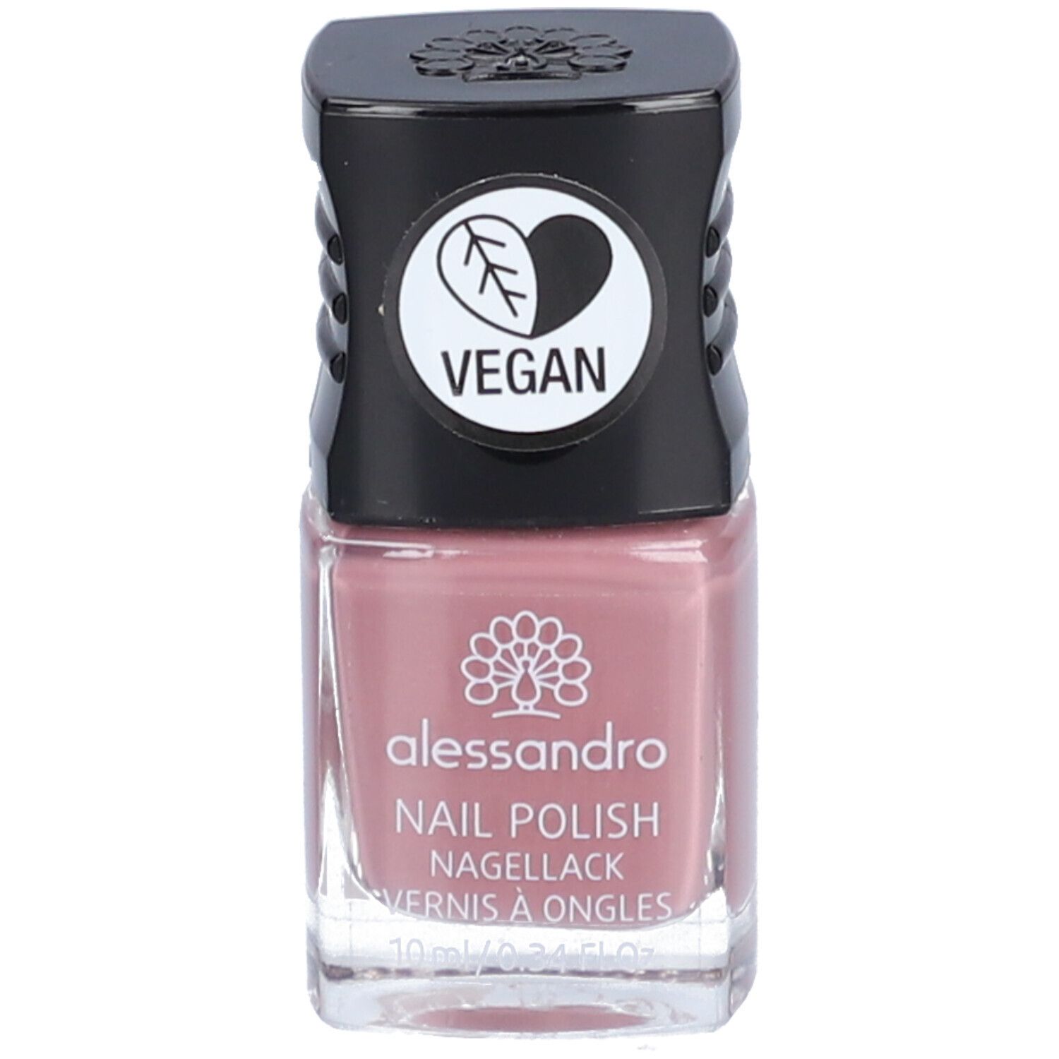 Flacon de vernis à ongles avec bouchon noir. Un sceau végétalien est sur le bouchon. "alessandro NAIL POLISH" est écrit sur le flacon.