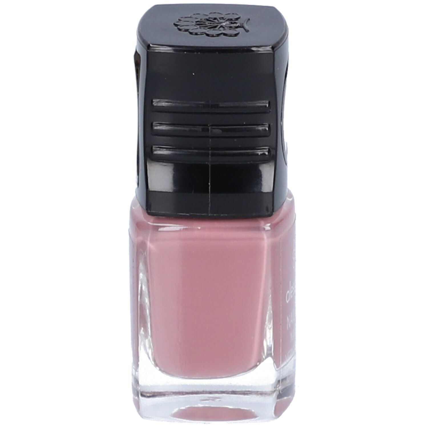Flacon de vernis à ongles avec bouchon noir. Le flacon est rose. "alessandro" est écrit sur le flacon.
