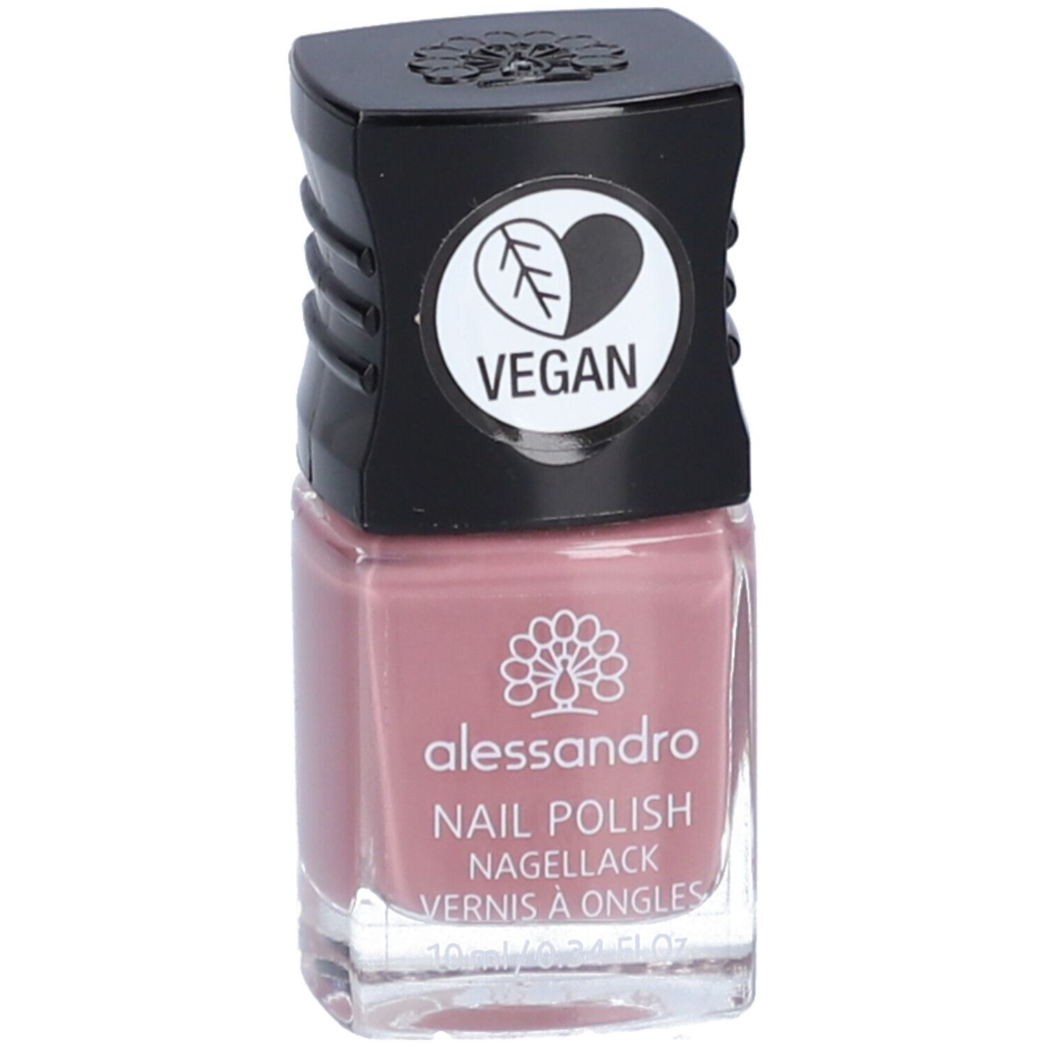 Flacon de vernis à ongles avec bouchon noir. Un sceau végétalien est sur le bouchon. "alessandro NAIL POLISH" est écrit sur le flacon.