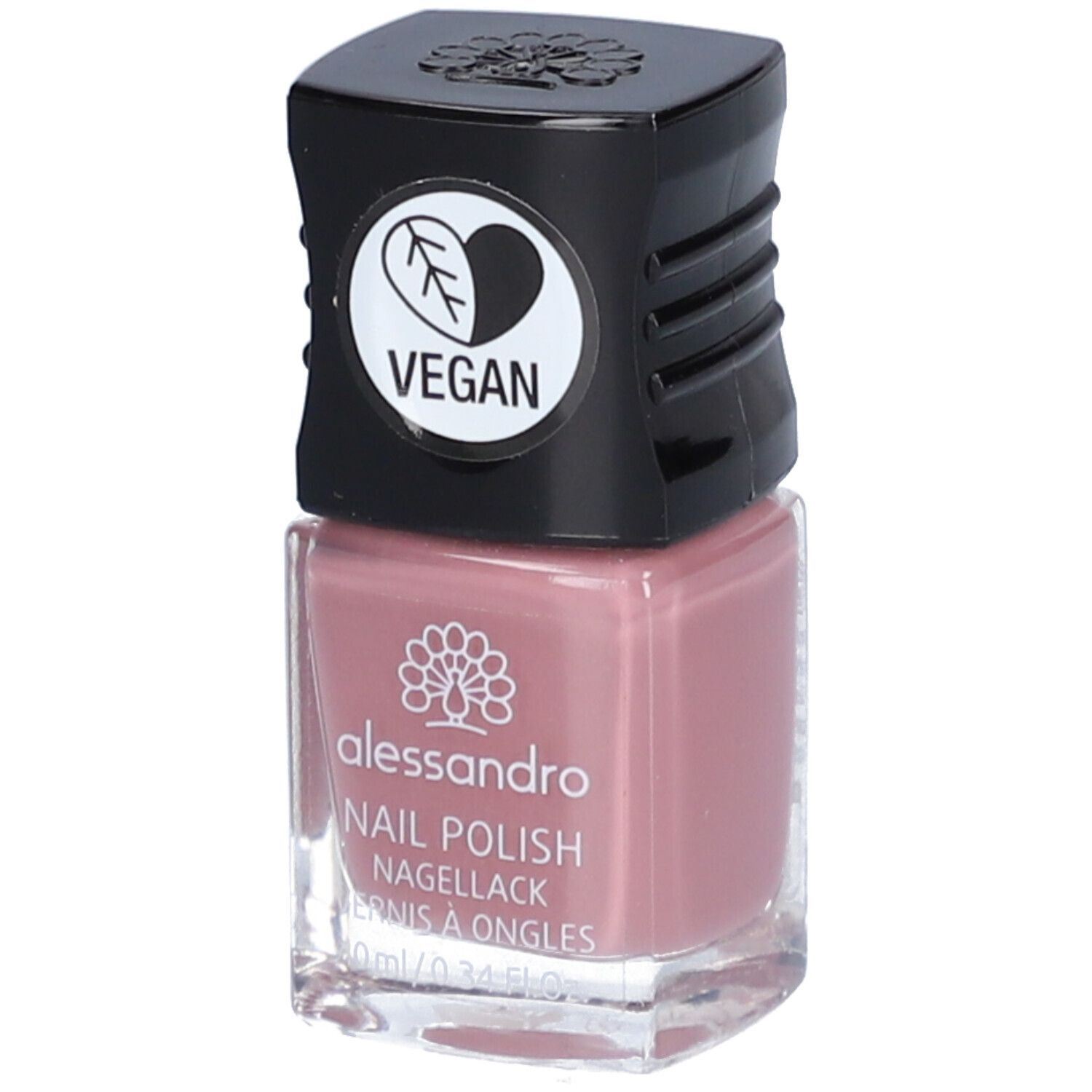 Flacon de vernis à ongles avec bouchon noir. Un sceau végétalien est sur le bouchon. "alessandro NAIL POLISH" est écrit sur le flacon.