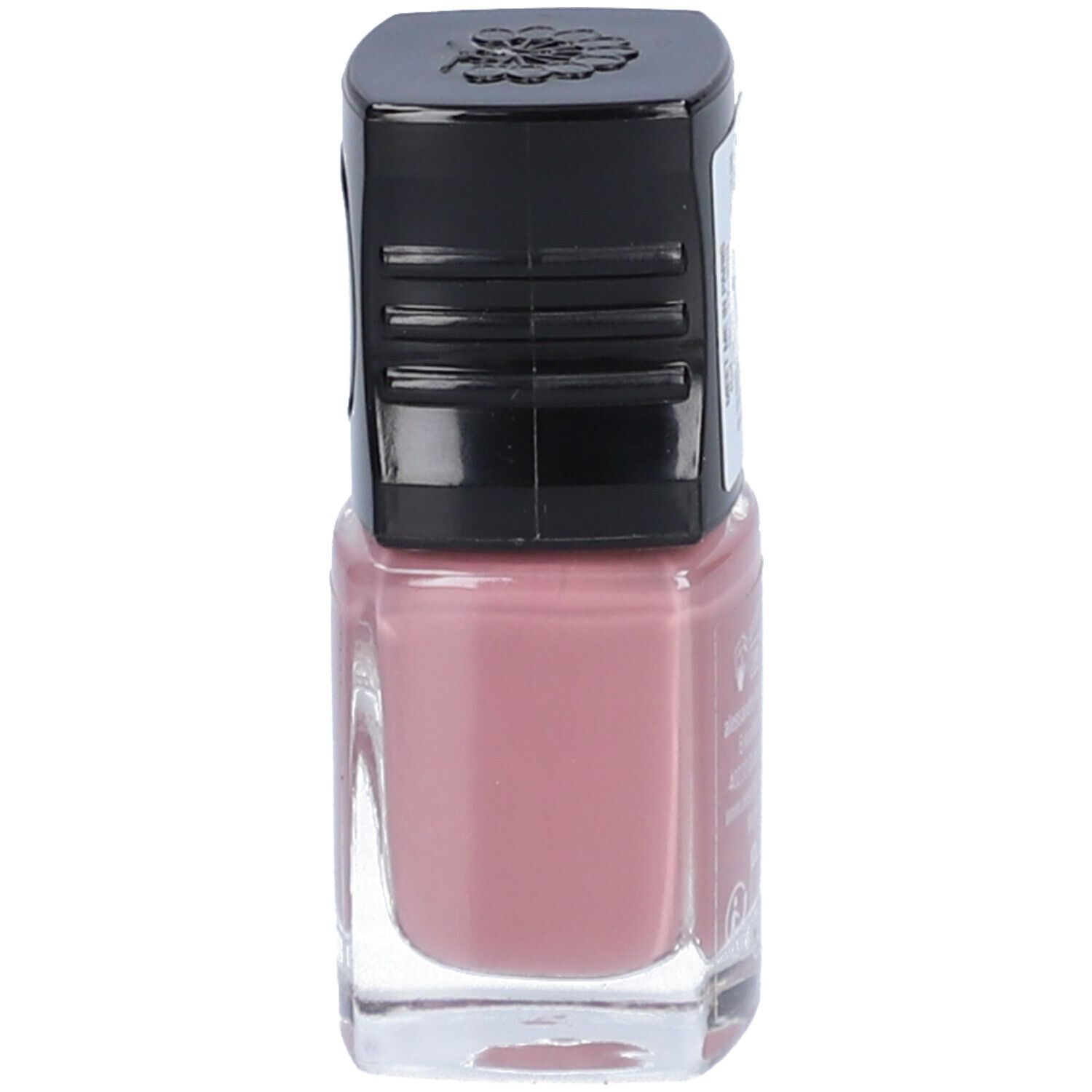 Dos d'un flacon de vernis à ongles. L'étiquette contient des informations telles que les coordonnées du fabricant. Code-barres.