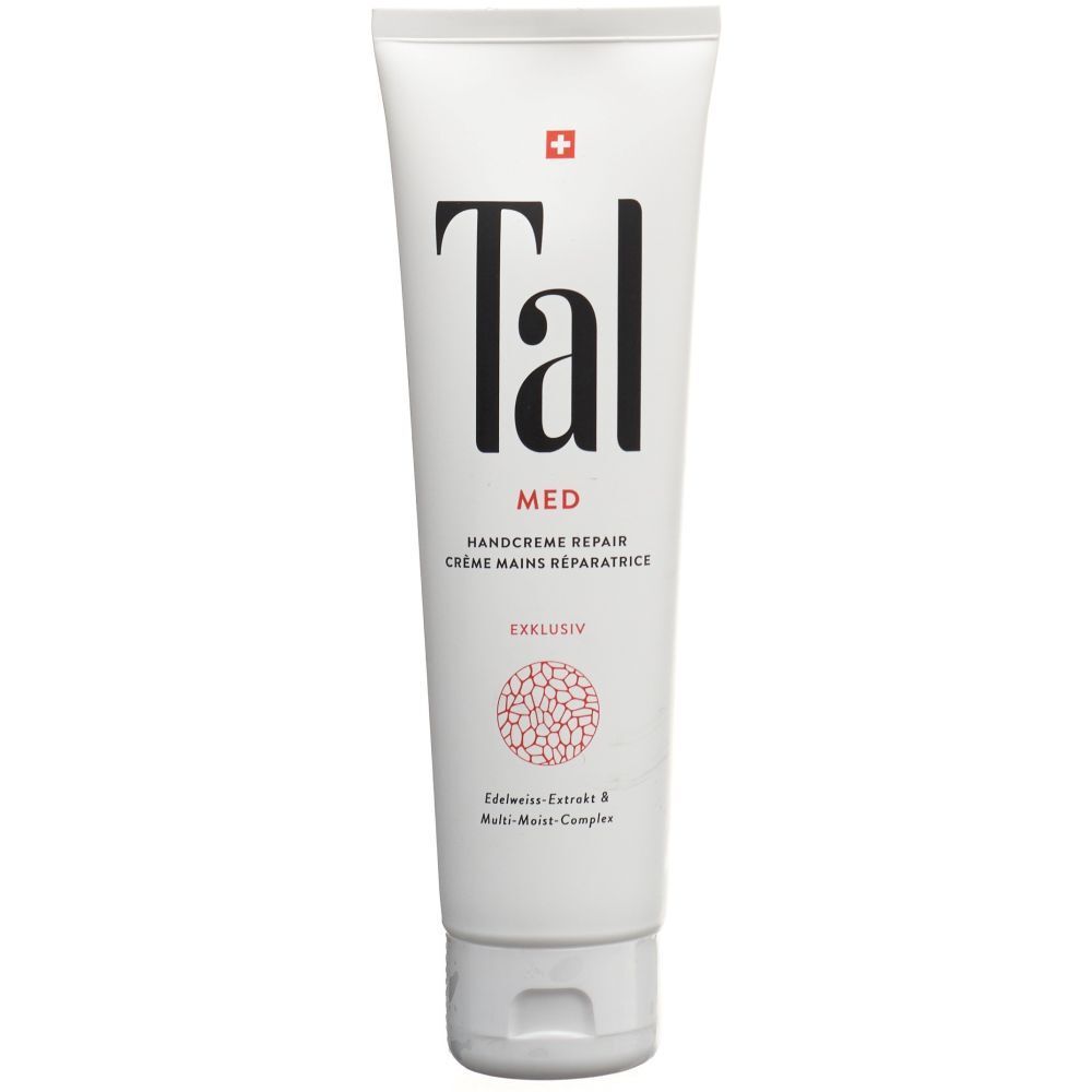 Witte tube met zwart "Tal" logo en rood kruis. Tekst "MED" en "Handcrème Repair". "Exclusief" en een rood patroon.