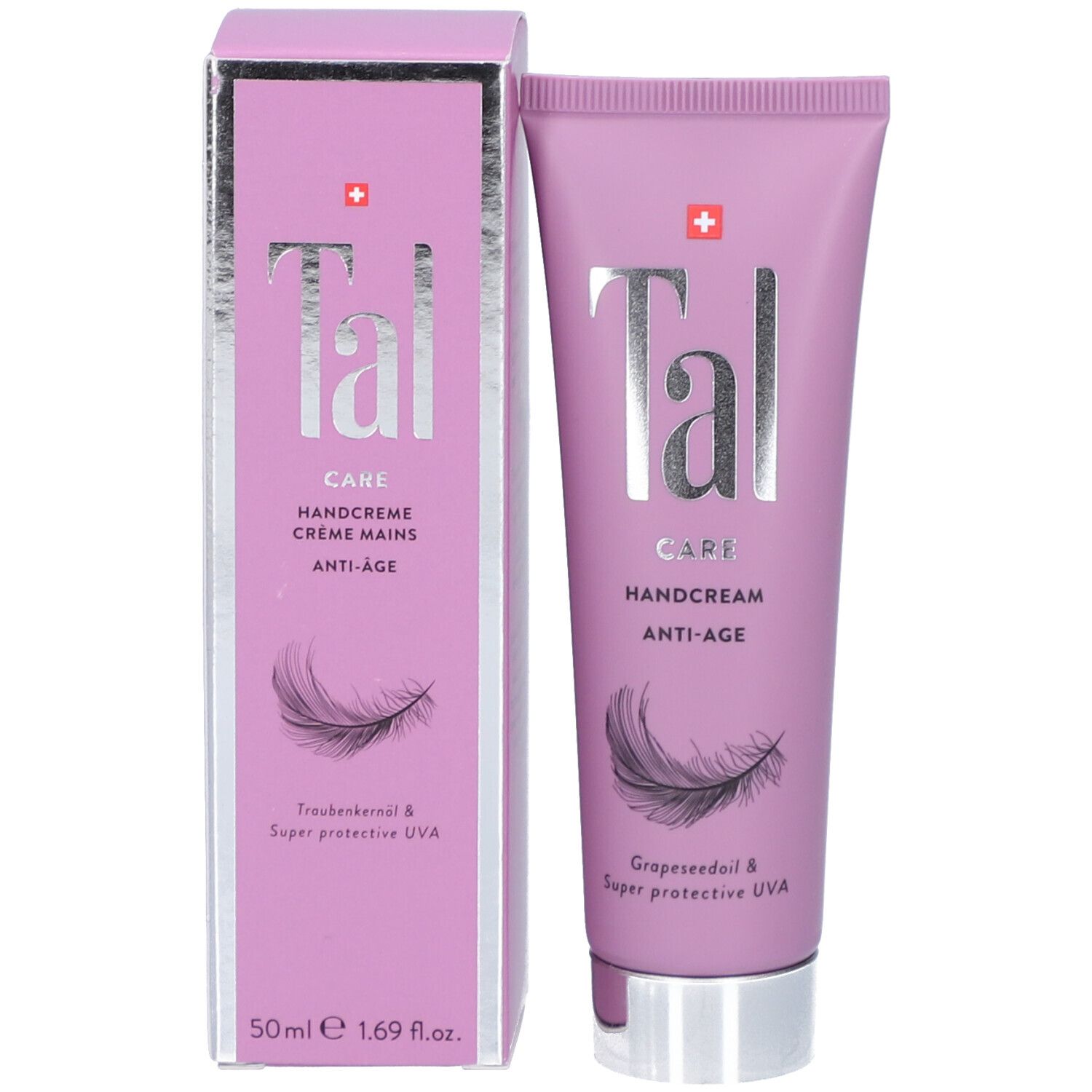 Produktverpackung mit Tube und Schachtel. Aufschrift: Tal, Care, Handcreme Anti-Age. Schweizer Kreuz. Feder-Illustration.