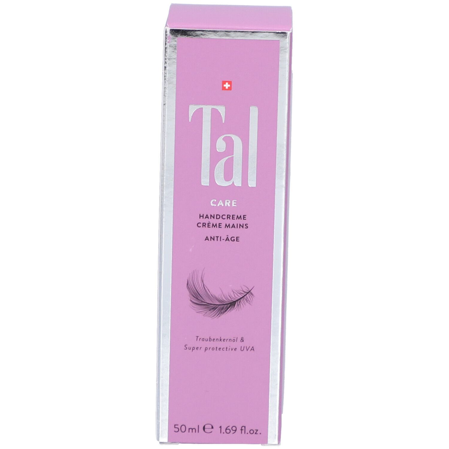Lila Schachtel mit silbernen Kanten. Aufschrift: Tal, Care, Handcreme Anti-Age. Schweizer Kreuz. Feder-Illustration.