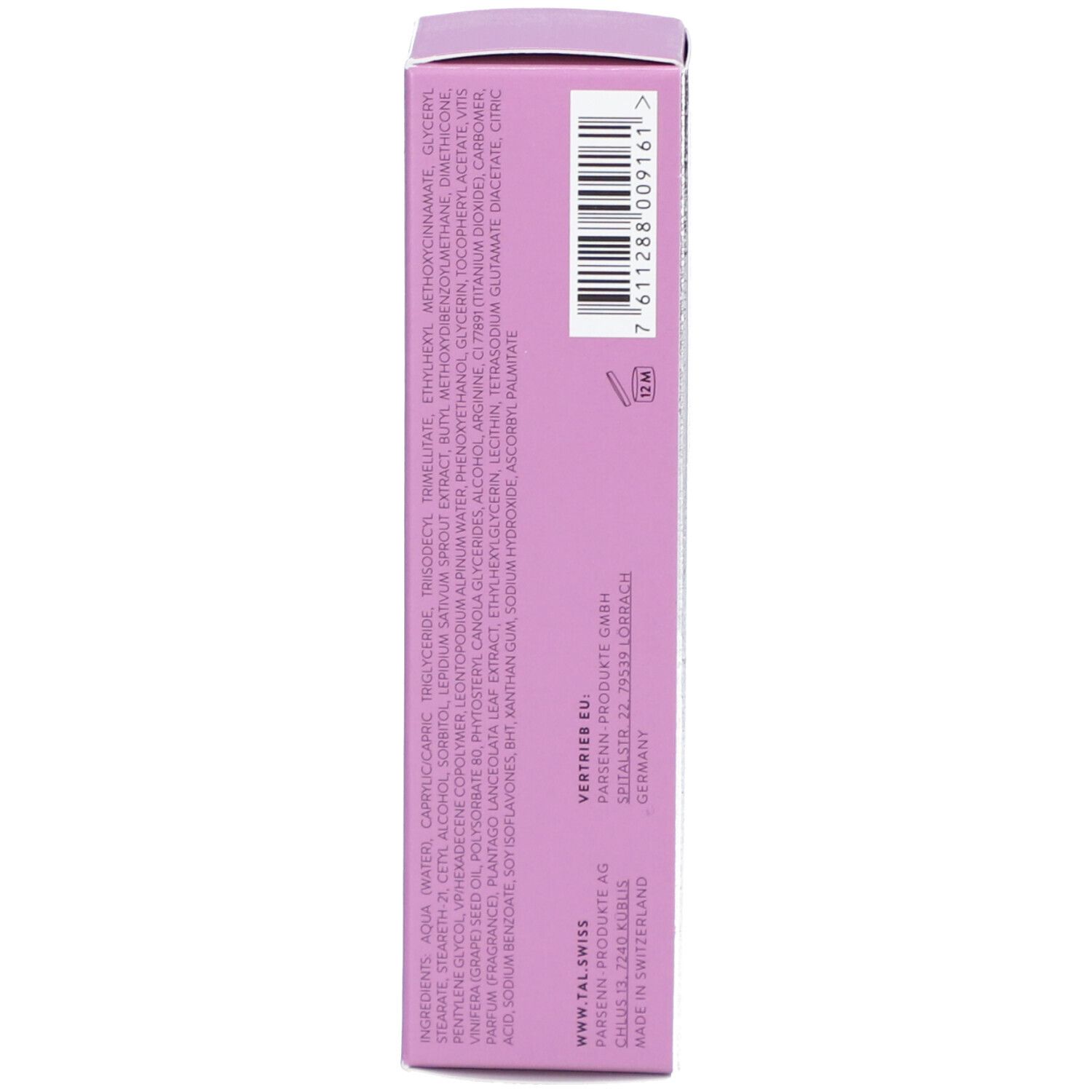 Rückseite der Schachtel. Enthält Inhaltsstoffe, Herstellerinformationen und Barcode.