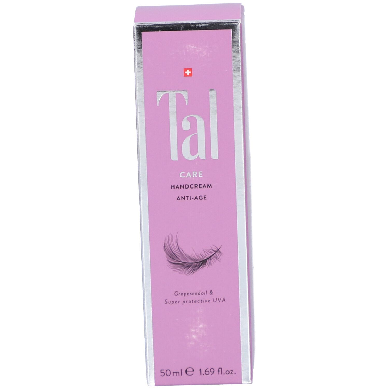Schachtel mit Aufschrift: Tal, Care, Handcreme Anti-Age. Schweizer Kreuz. Feder-Illustration. 50ml, 1.69 fl.oz.