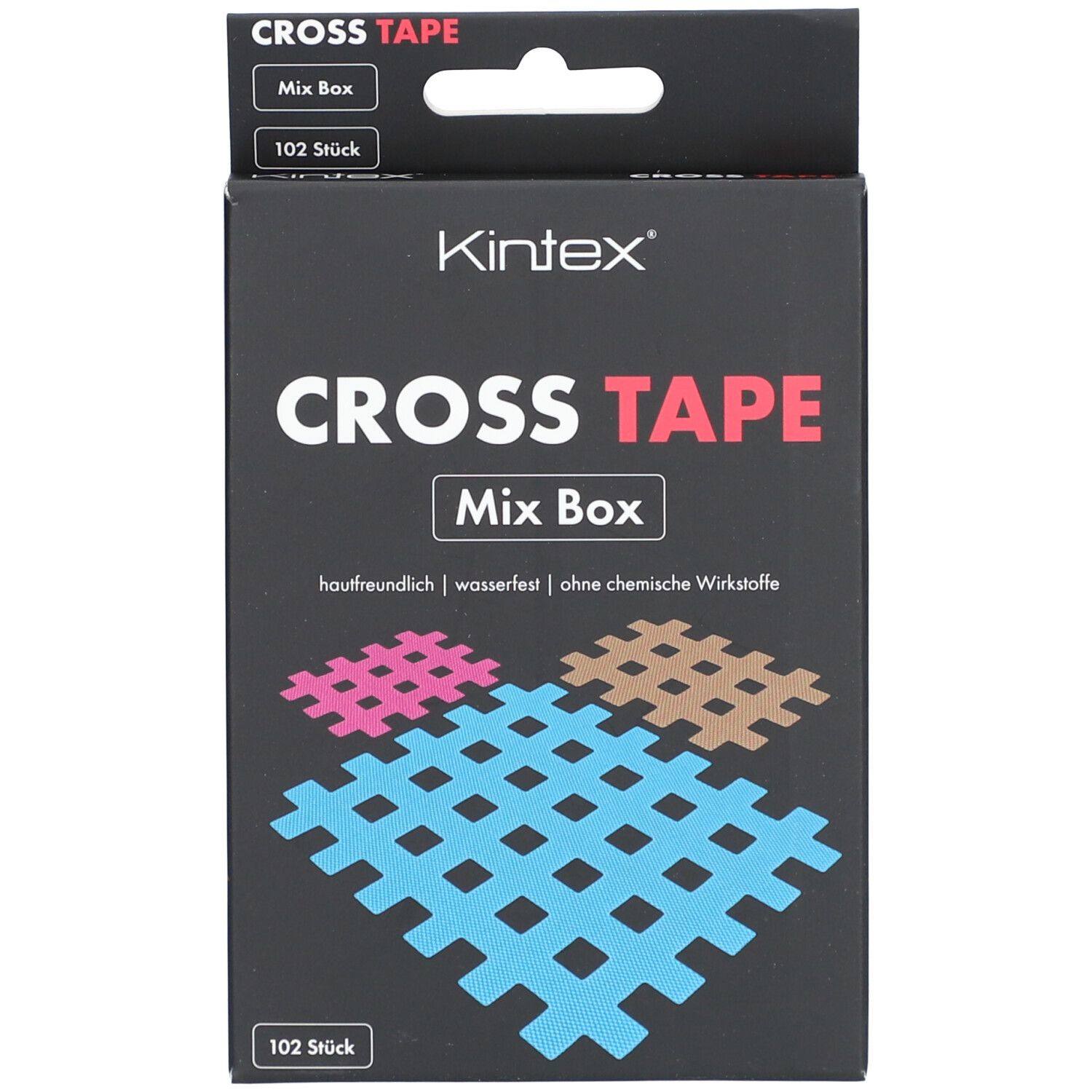 Schwarze Schachtel mit Aufschrift "CROSS TAPE Mix Box". Enthält 102 Gitterpflaster in Rosa, Braun und Blau. Text: "Kintex".