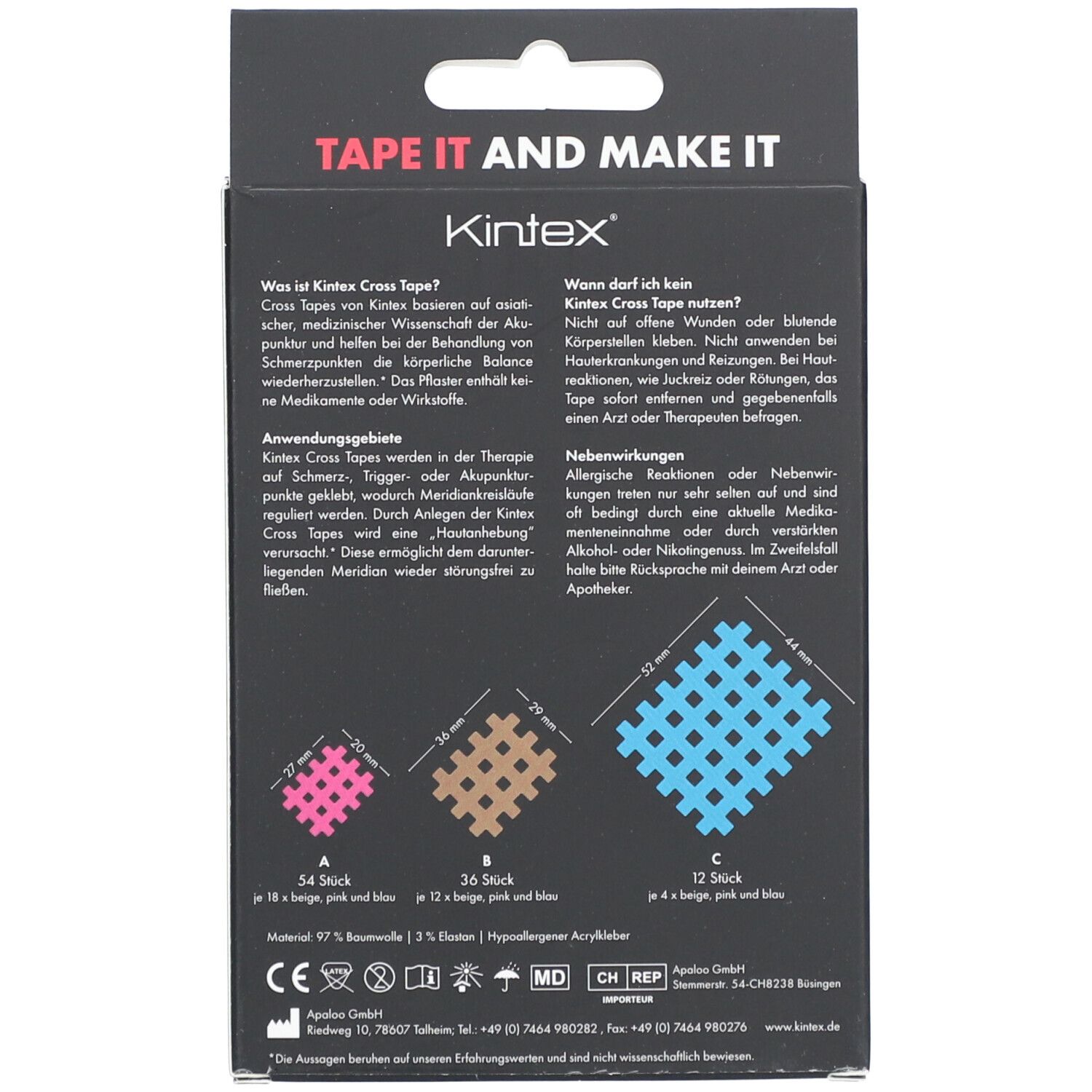 Rückseite der Schachtel. Text: "TAPE IT AND MAKE IT". Informationen zu den Gitterpflastern. Größenangaben und Anzahl der Pflaster.