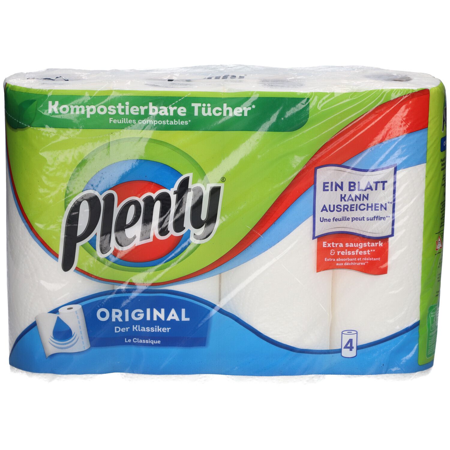 Plenty® Haushaltstücher Original, verpackt in Folie. Vier Rollen. Aufdrucke: Kompostierbare Tücher, Ein Blatt kann ausreichen, Original.