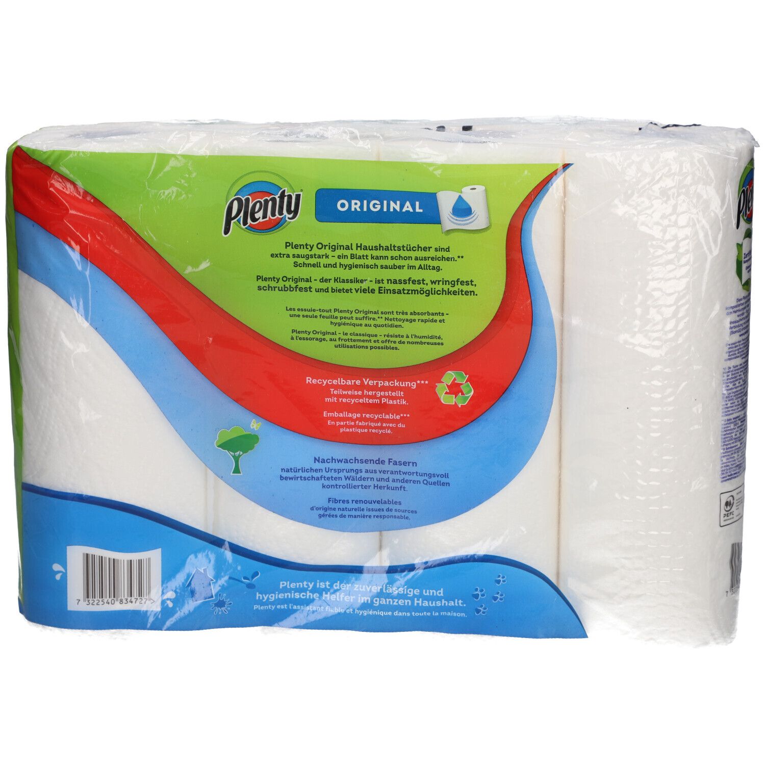 Plenty® Original Haushaltstücher, verpackt. Rückseite mit Produktinformationen und Recycling-Symbolen. Mehrere Rollen sichtbar.