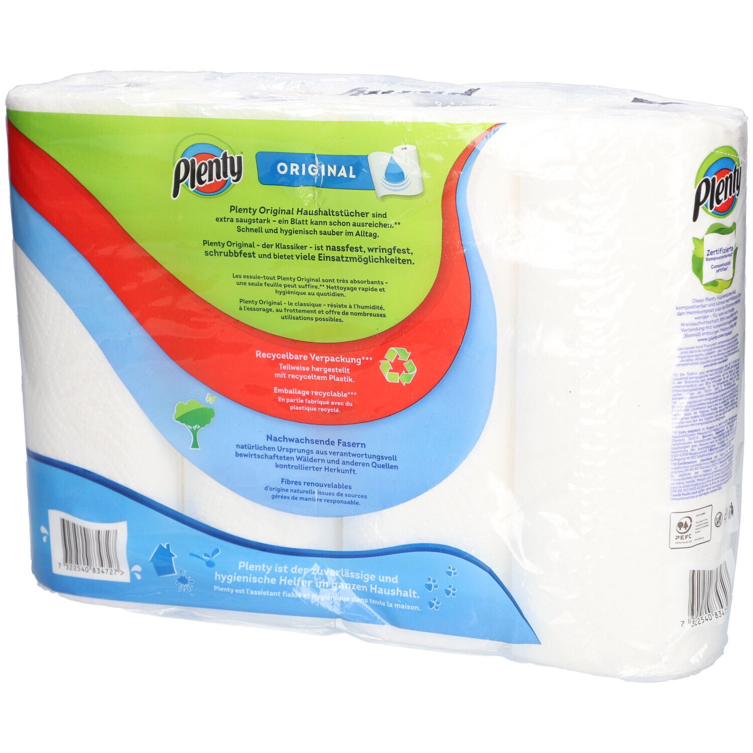 Plenty® Original Haushaltstücher, verpackt. Rückseite mit Produktinformationen und Recycling-Symbolen. Mehrere Rollen sichtbar.