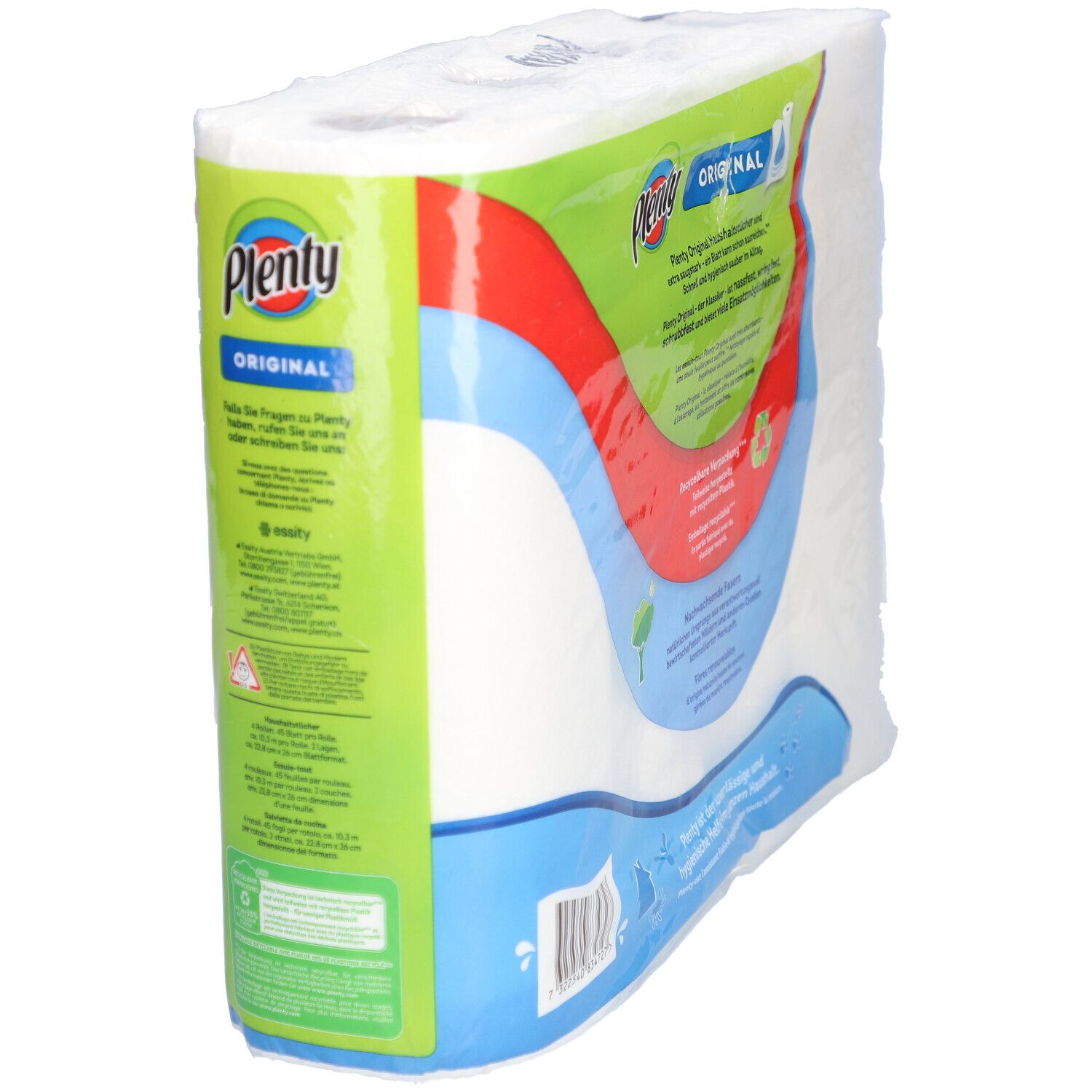 Plenty® Original Haushaltstücher, verpackt. Seitenansicht. Produktinformationen auf der Verpackung. Mehrere Rollen sichtbar.