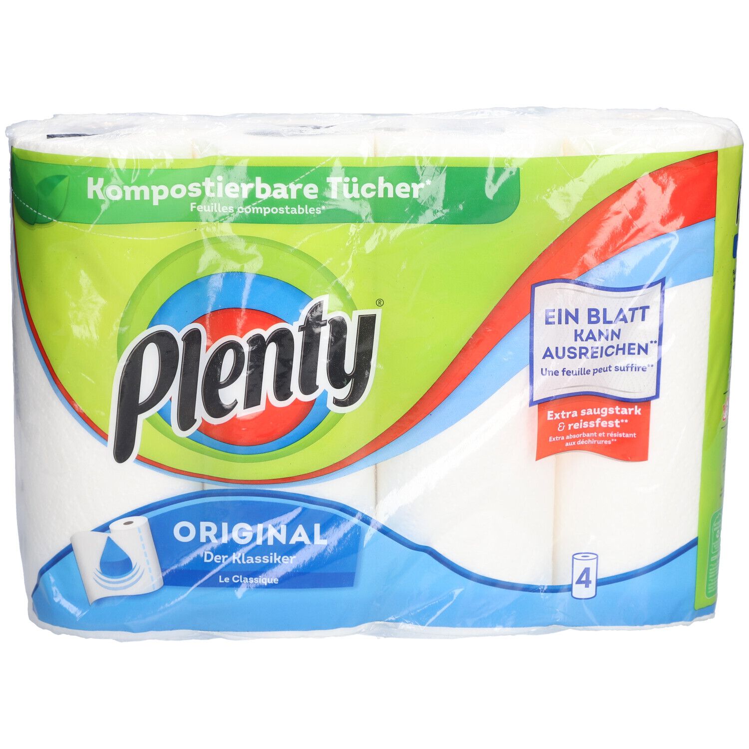 Plenty® Haushaltstücher Original, verpackt in Folie. Vier Rollen. Aufdrucke: Kompostierbare Tücher, Ein Blatt kann ausreichen, Original.