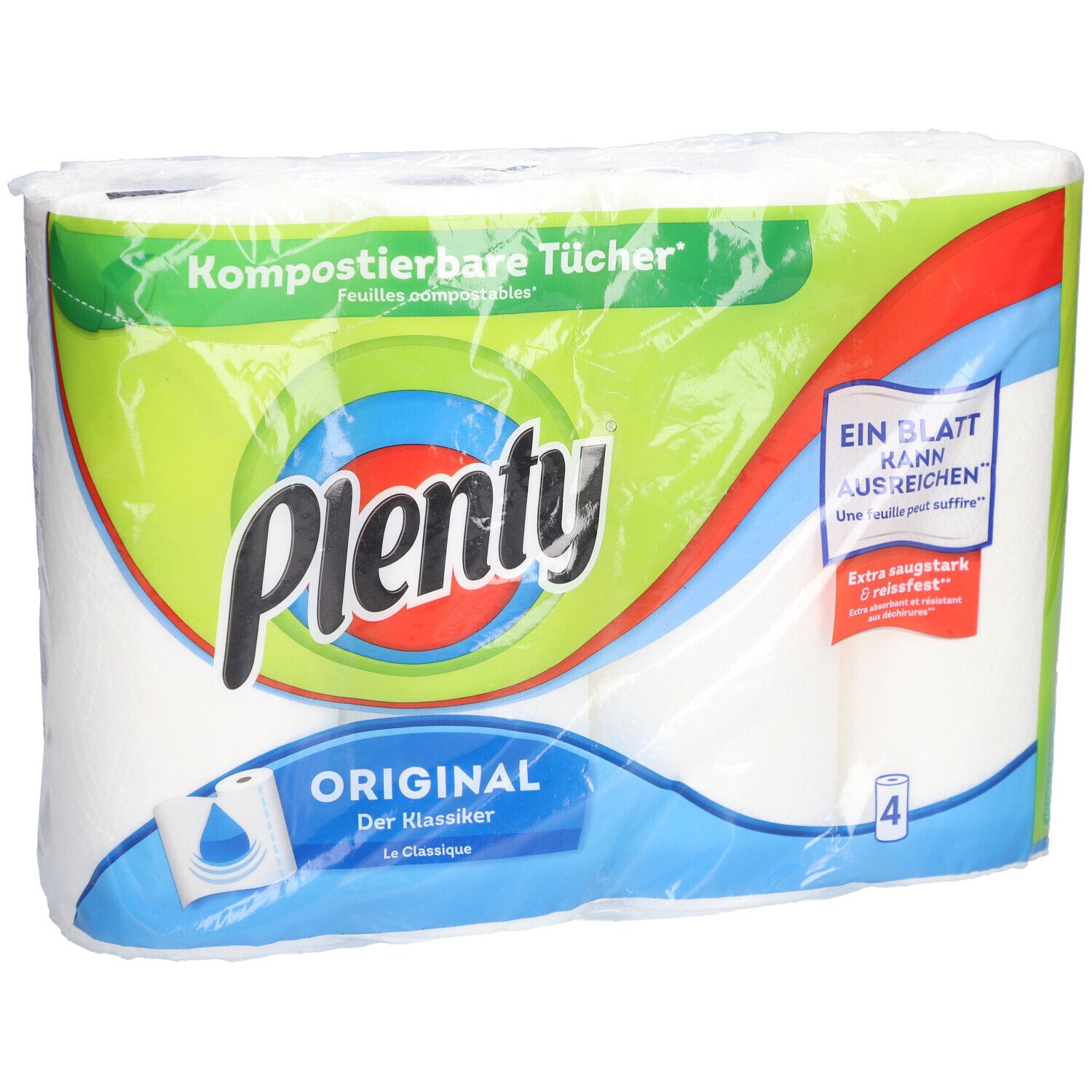 Plenty® Haushaltstücher Original, verpackt in Folie. Vier Rollen. Aufdrucke: Kompostierbare Tücher, Ein Blatt kann ausreichen, Original.