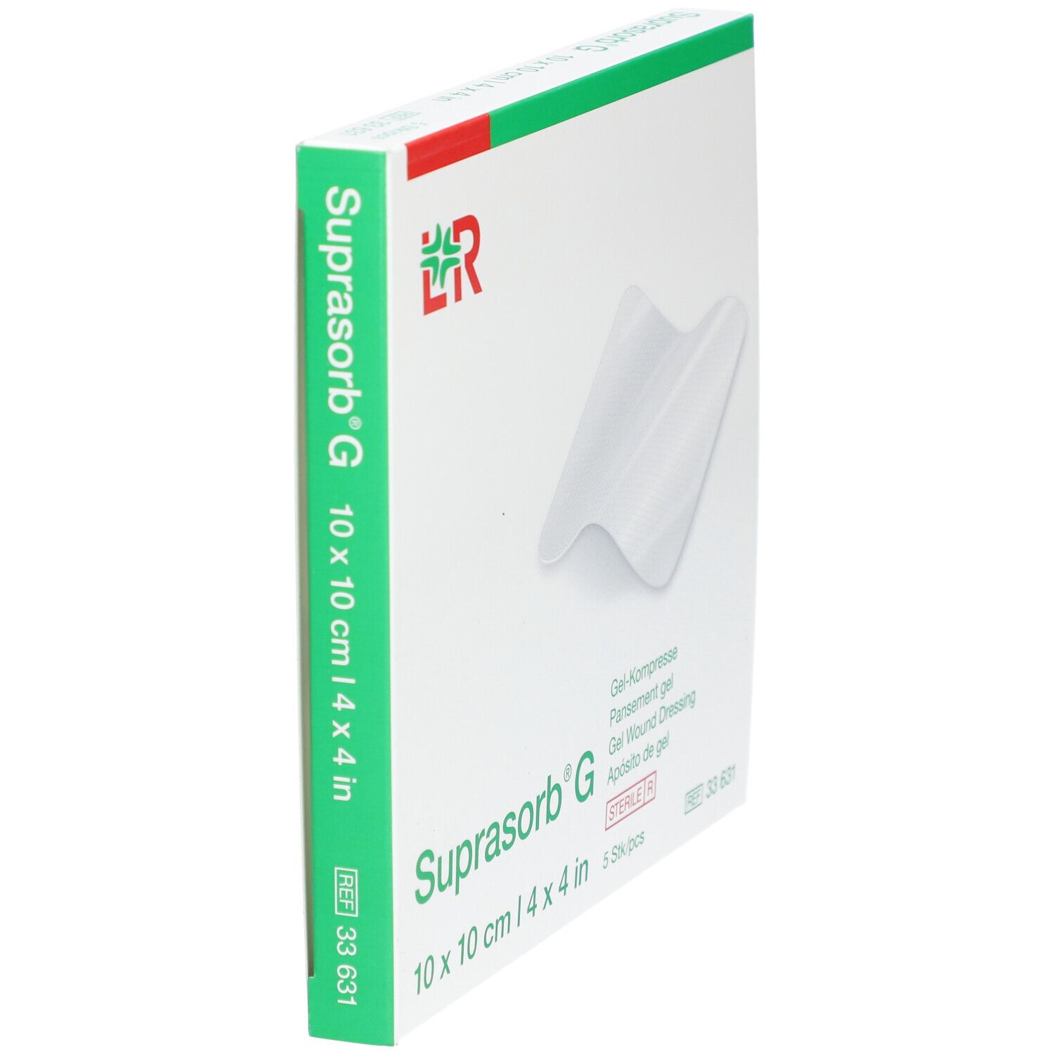 Seitenansicht der Suprasorb G Verpackung. Größe 10 x 10 cm. Grüne Akzente. Sterile Verpackung.