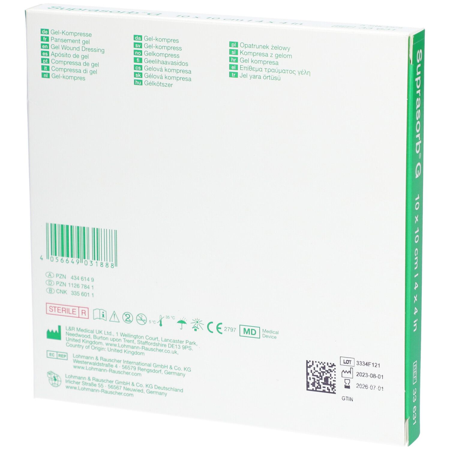 Rückseite der Suprasorb G Verpackung. Barcode, Herstellerinformationen, sterile Kennzeichnung.