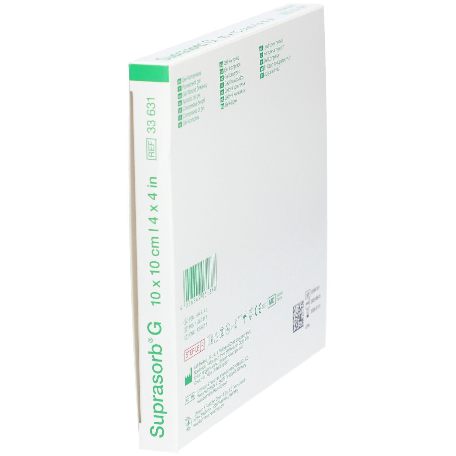 Seitenansicht der Suprasorb G Verpackung. Größe 10 x 10 cm. Grüne Akzente. Sterile Verpackung.