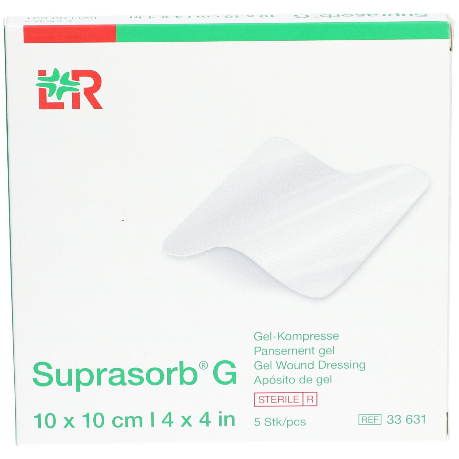 Verpackung von Suprasorb G, 10 x 10 cm. Enthält 5 Stück. Gel-Kompresse. Sterile Verpackung.