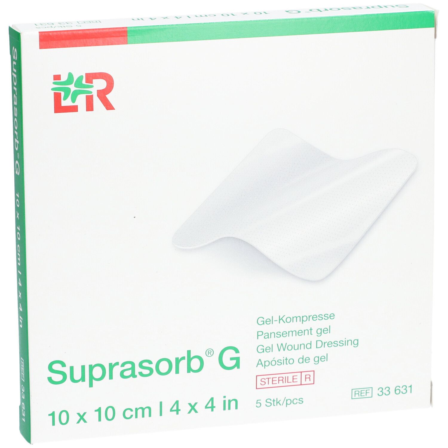 Verpackung von Suprasorb G, 10 x 10 cm. Enthält 5 Stück. Gel-Kompresse. Sterile Verpackung.