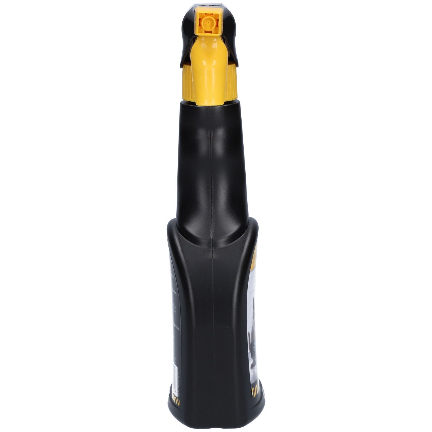 Flacon pulvérisateur noir avec tête jaune. Vue arrière. Tête et col jaunes. Étiquette avec informations sur le produit.