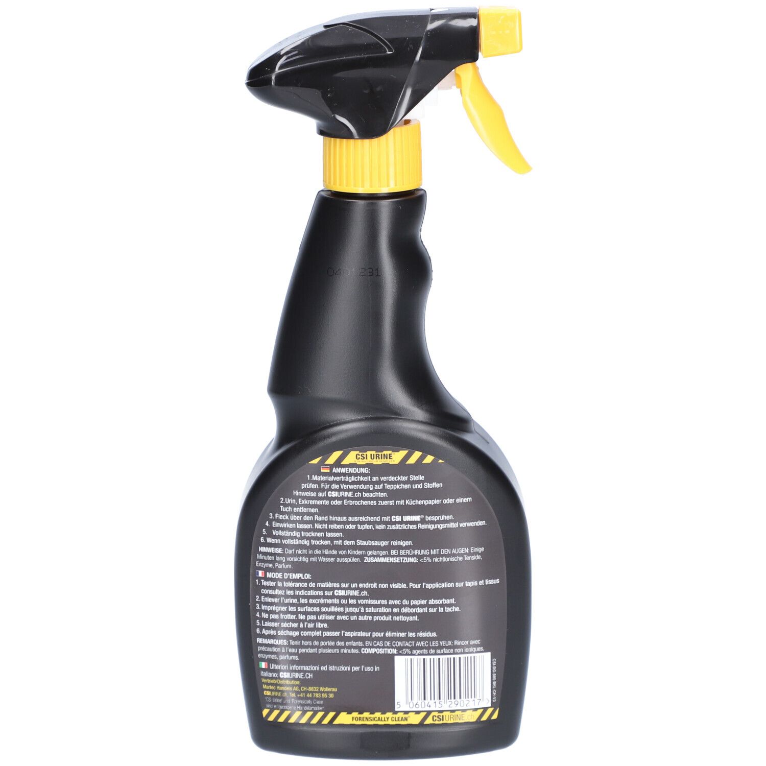 Flacon pulvérisateur noir avec tête jaune. Dos avec informations sur le produit et instructions d'utilisation. Tête jaune.